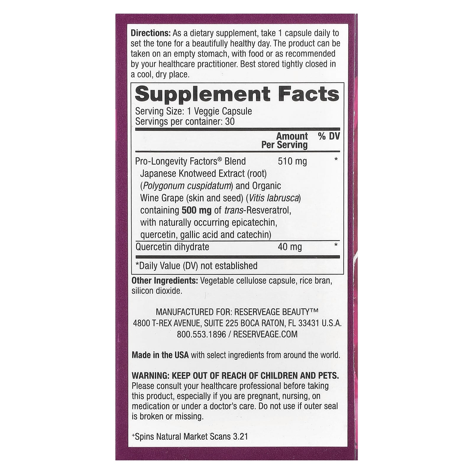 Reserveage Beauty, Resveratrol, Trans-Resveratrol, 500 mg, 30 Veggie Capsules