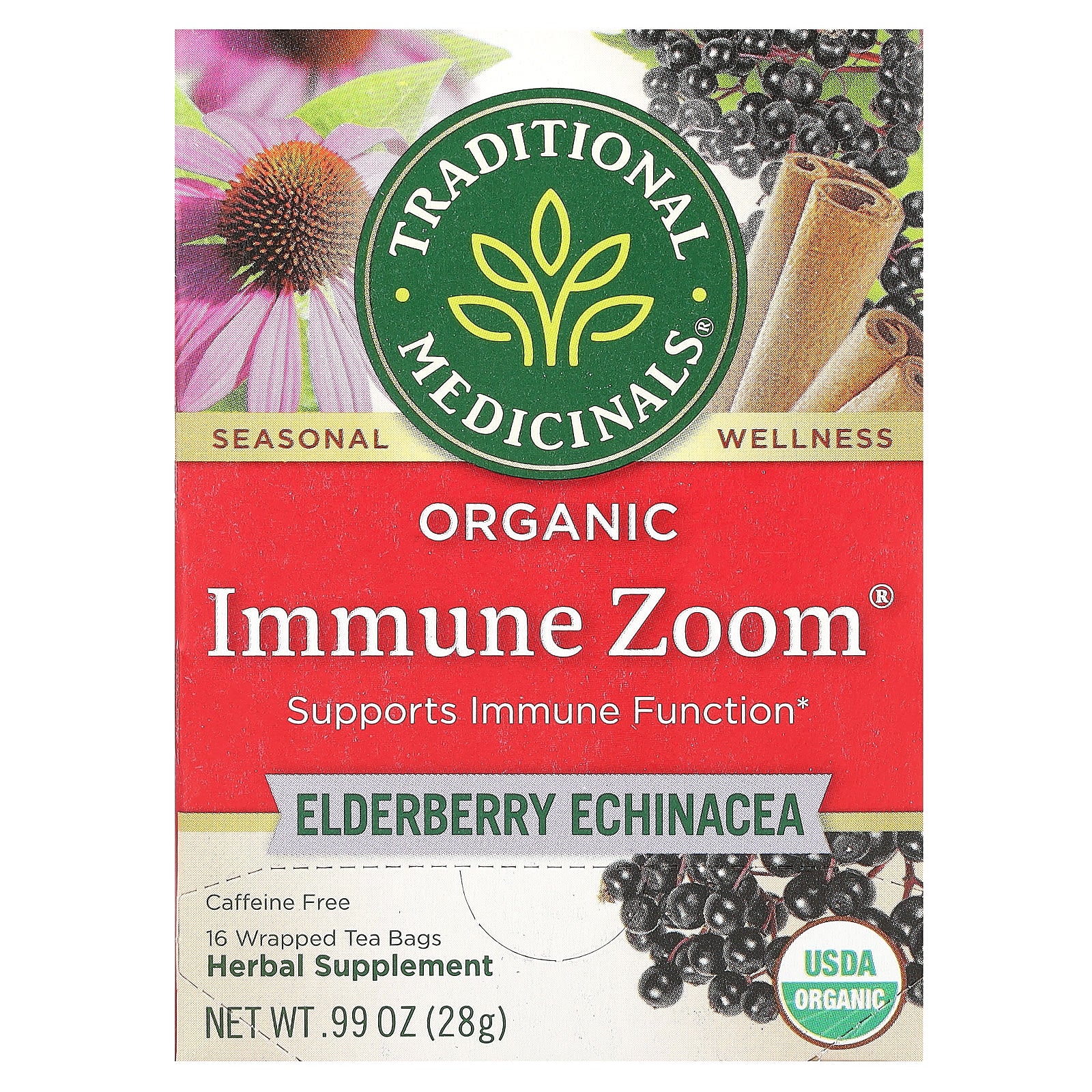 Traditional Medicinals, Organic Immune Zoom, Elderberry Echinacea, Caffeine Free, 16 Wrapped Tea Bags, 0.99 oz (28 g) - Image 1