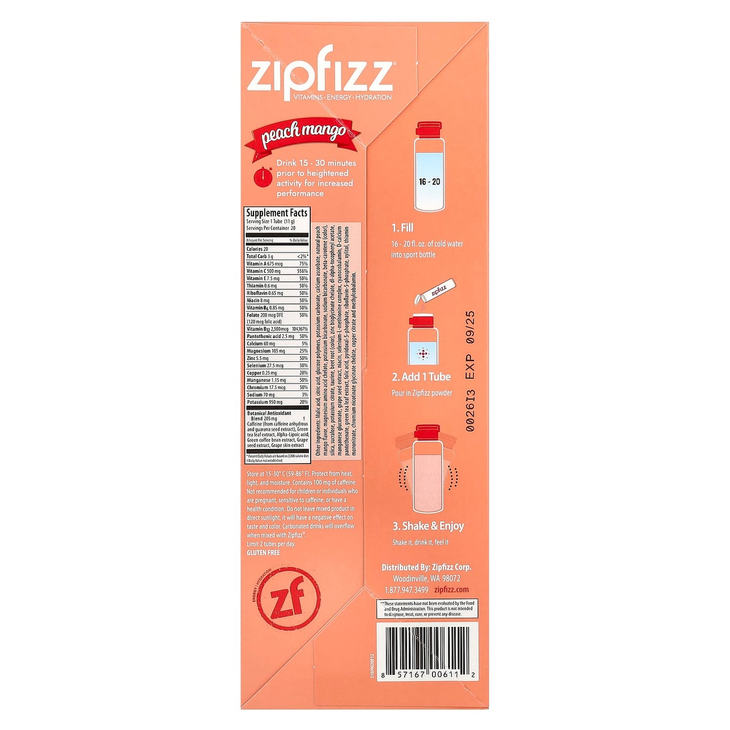 Zipfizz, Energy Drink Mix, Peach Mango, 20 Tubes, 0.39 oz (11 g) Each - Image 2
