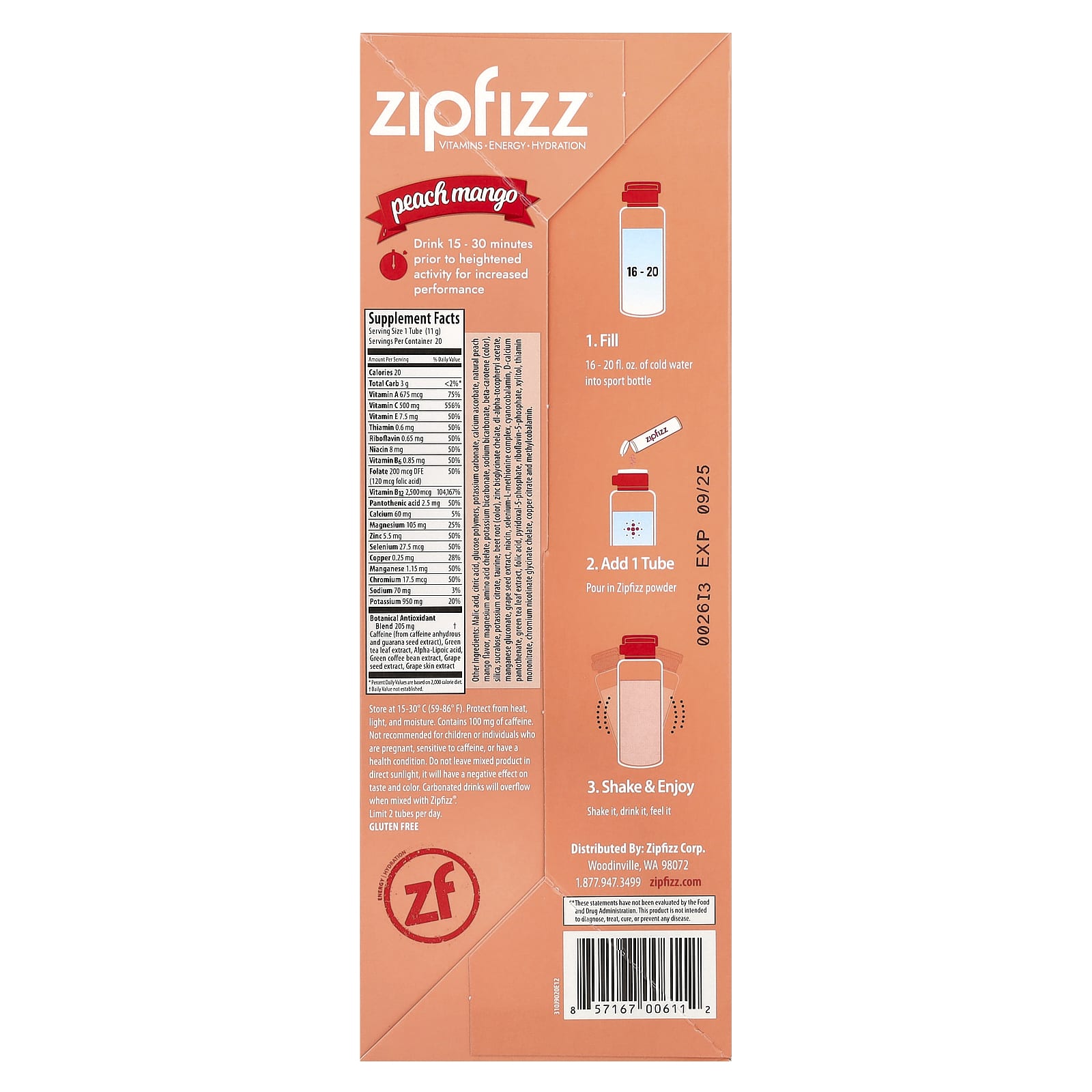 Zipfizz, Energy Drink Mix, Peach Mango, 20 Tubes, 0.39 oz (11 g) Each - Image 2