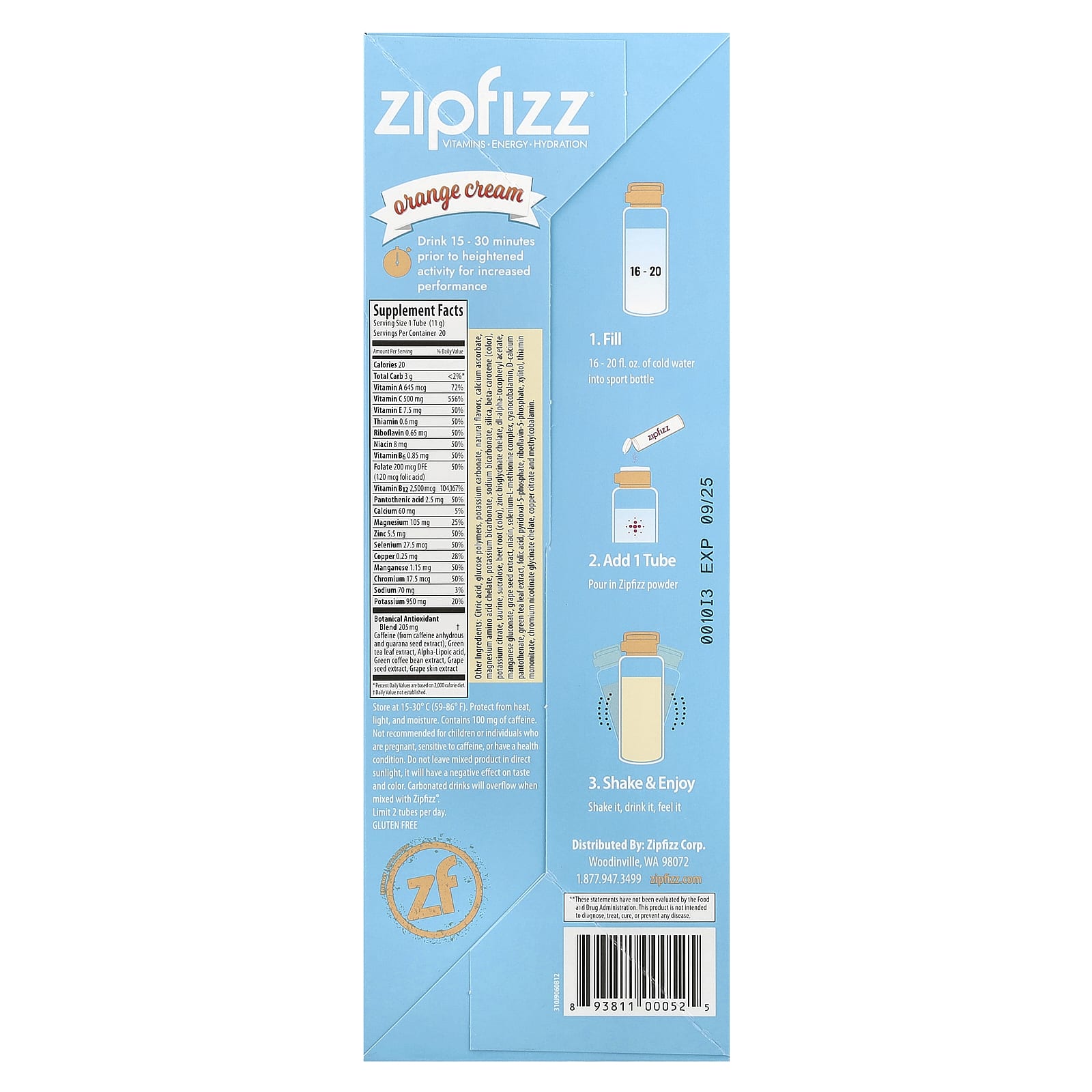Zipfizz, Energy Drink Mix, Orange Cream, 20 Tubes, 0.39 oz (11 g) Each - Image 2