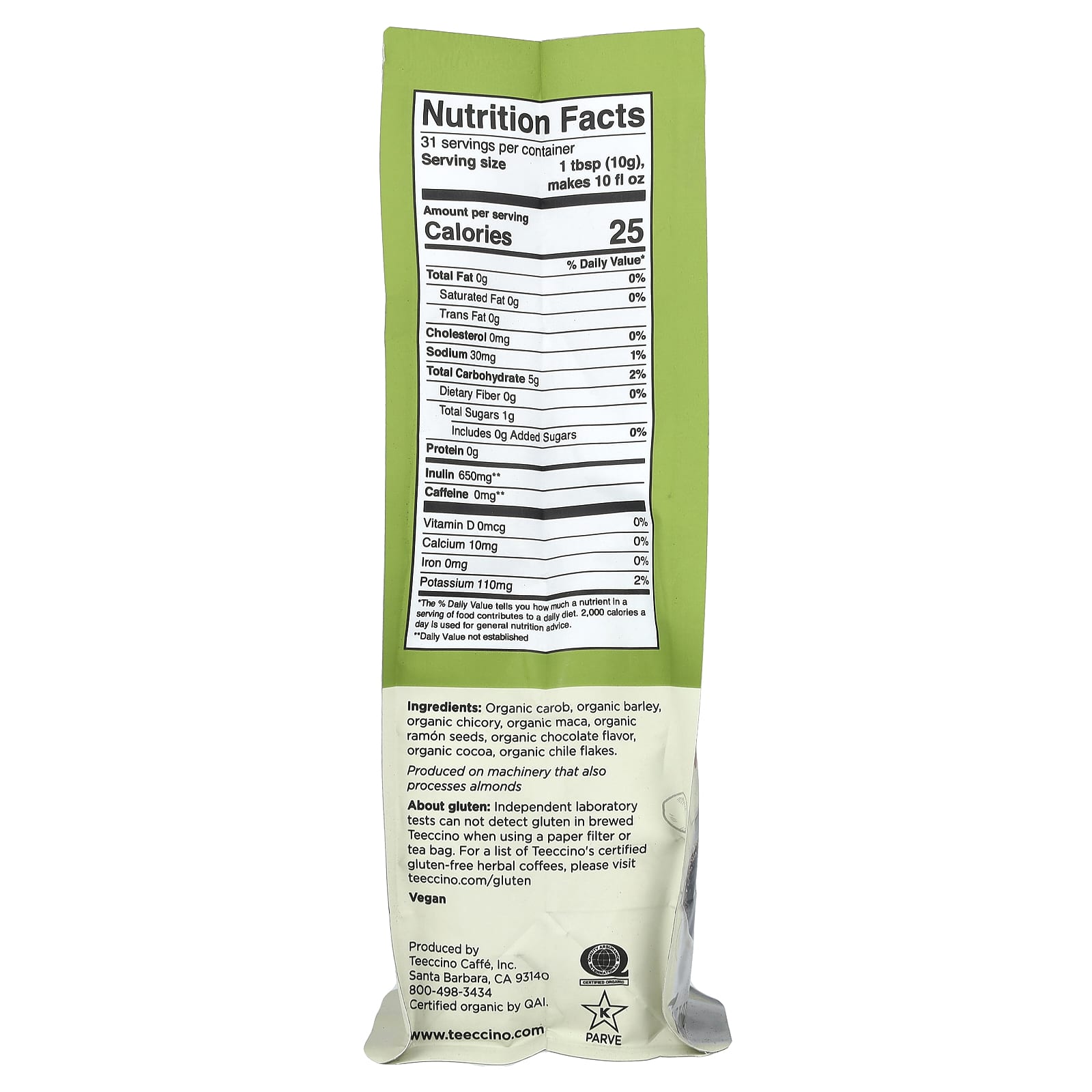 Teeccino, Organic Chicory Herbal Coffee, Maca Chocolate, Dark Roast, Caffeine Free, 11 oz (312 g) - Image 2