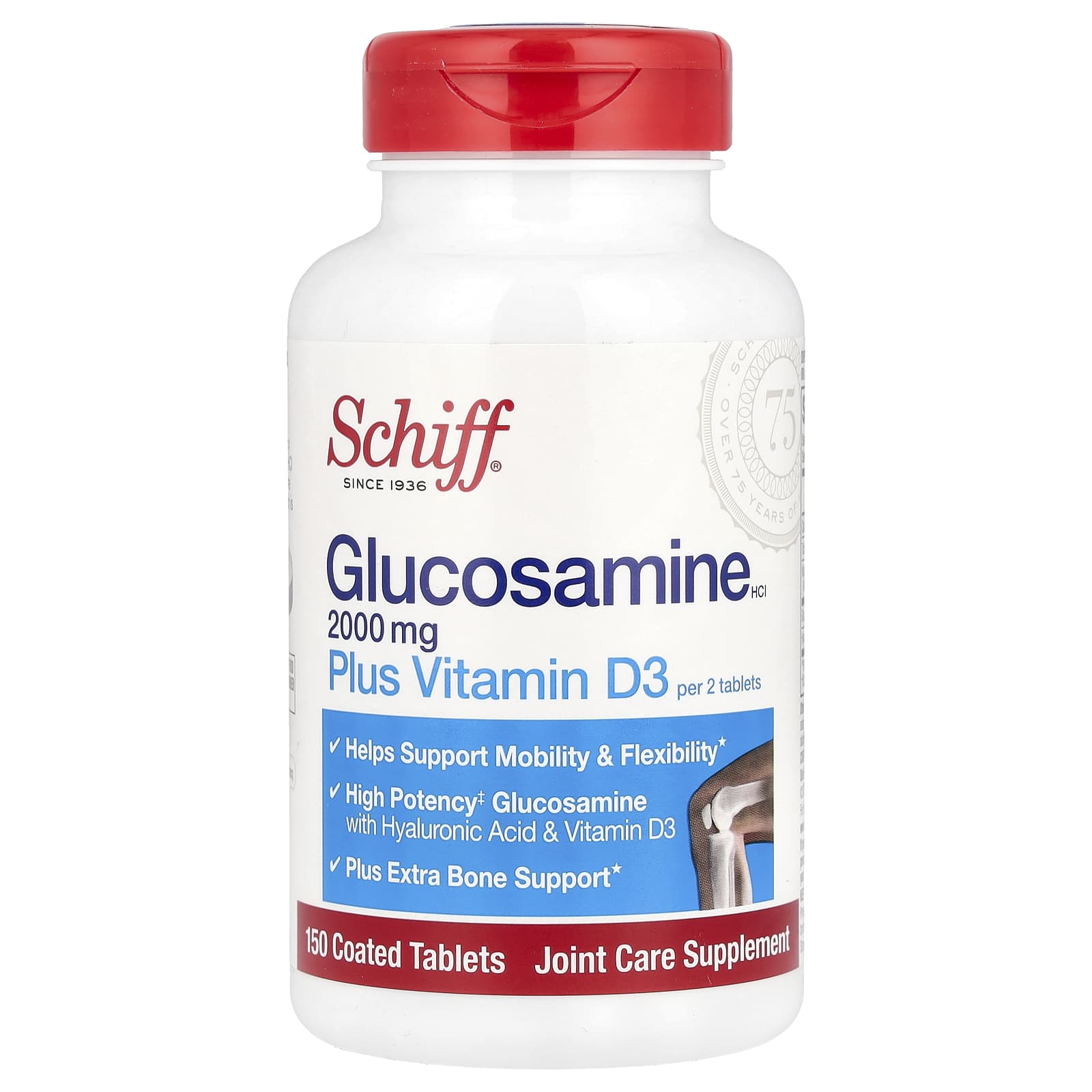 Schiff, Glucosamine HCl Plus Vitamin D3, 2,000 mg, 150 Coated Tablets (1,000 mg per Tablet) - Image 1