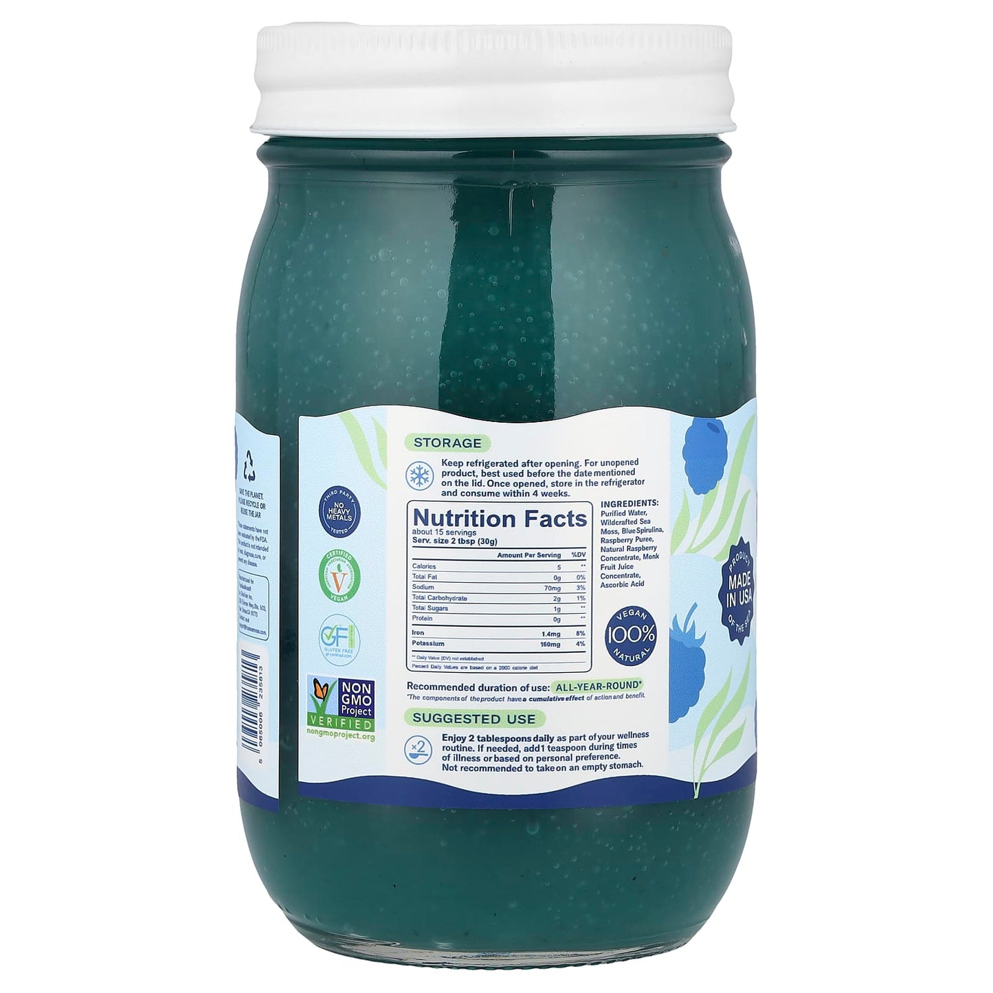 True Sea Moss, Natural Superfood, From The Sea, Blue Spirulina and Raspberry, 16 fl oz (473 ml) - Image 2
