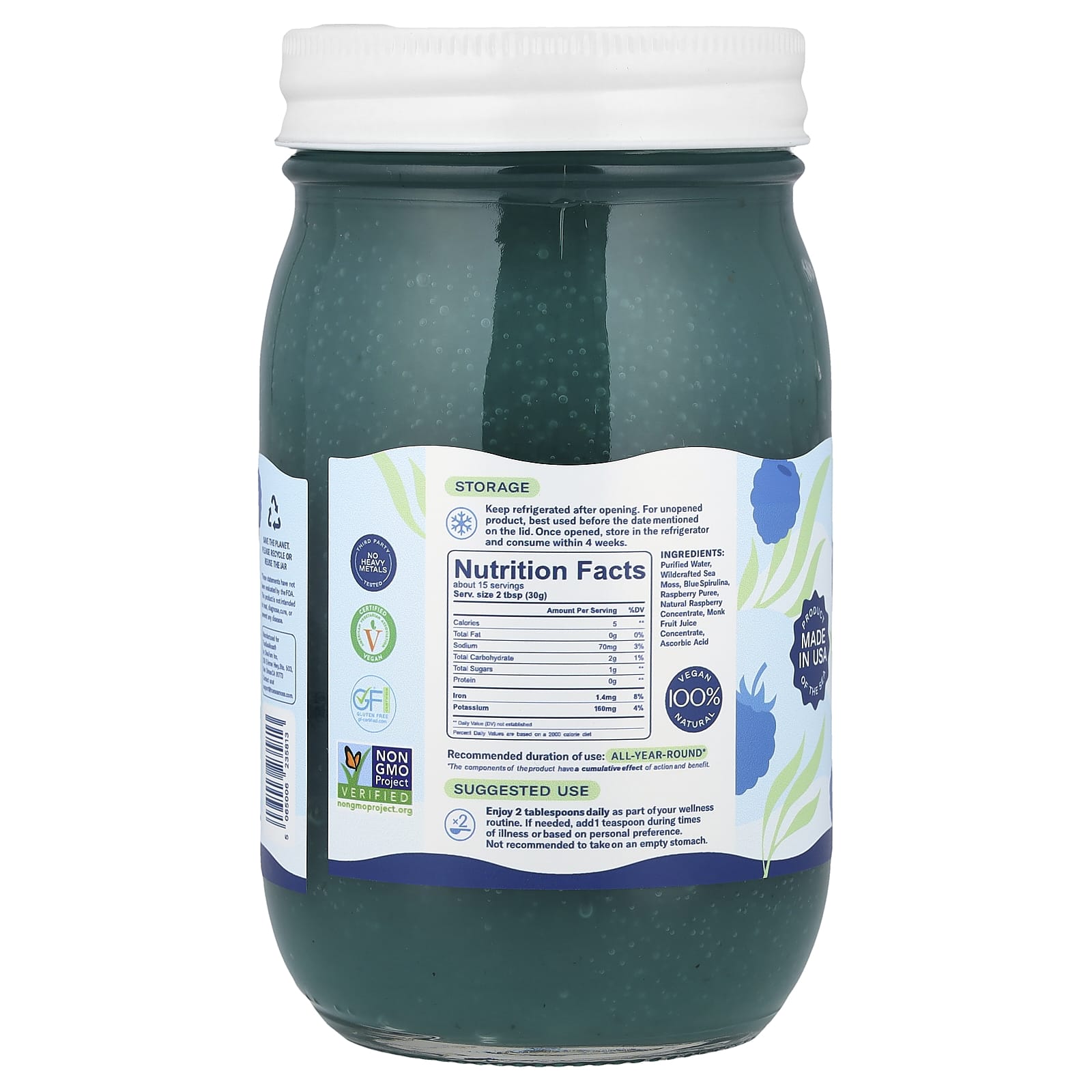 True Sea Moss, Natural Superfood, From The Sea, Blue Spirulina and Raspberry, 16 fl oz (473 ml) - Image 2