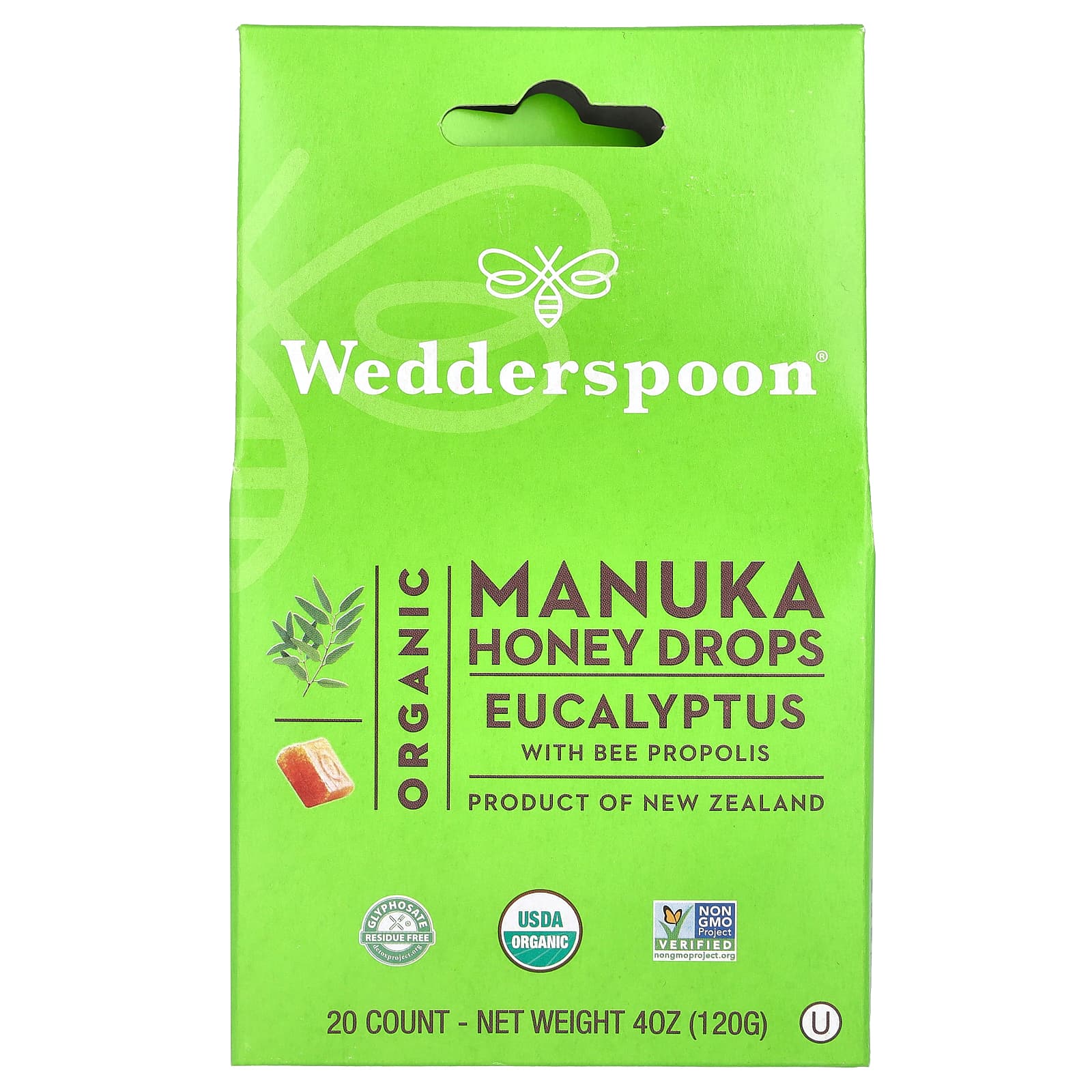 Wedderspoon, Organic Manuka Honey Drops, Eucalyptus with Bee Propolis, 20 Count, 4 oz (120 g) - Image 1