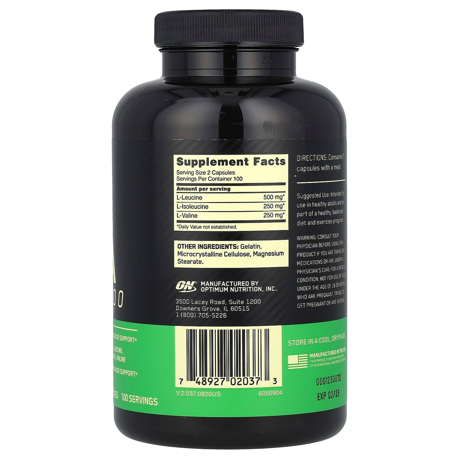Optimum Nutrition, BCAA 1000, 1,000 mg, 200 Capsules (500 mg per Capsule) - Image 2