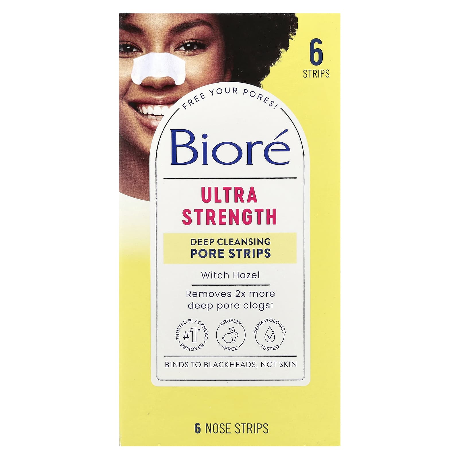 Deep Clean Pores with Biore Ultra Strength Pore Strips, Witch Hazel, 6 Nose Strips - Image 1