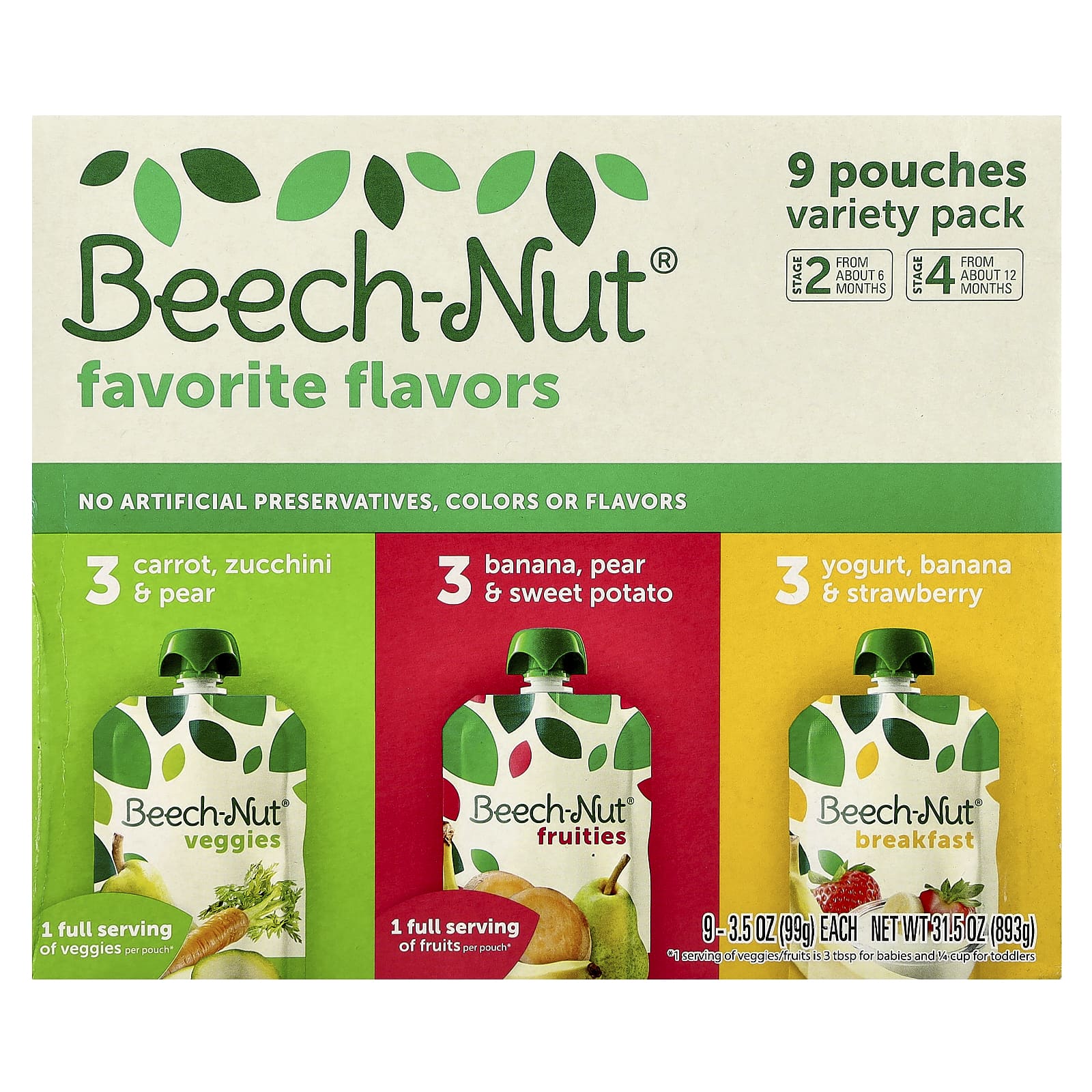 Beech-Nut Stage 2 & 4 Variety Pack, 9 Pouches, 3.5 oz (99 g) Each - Image 1