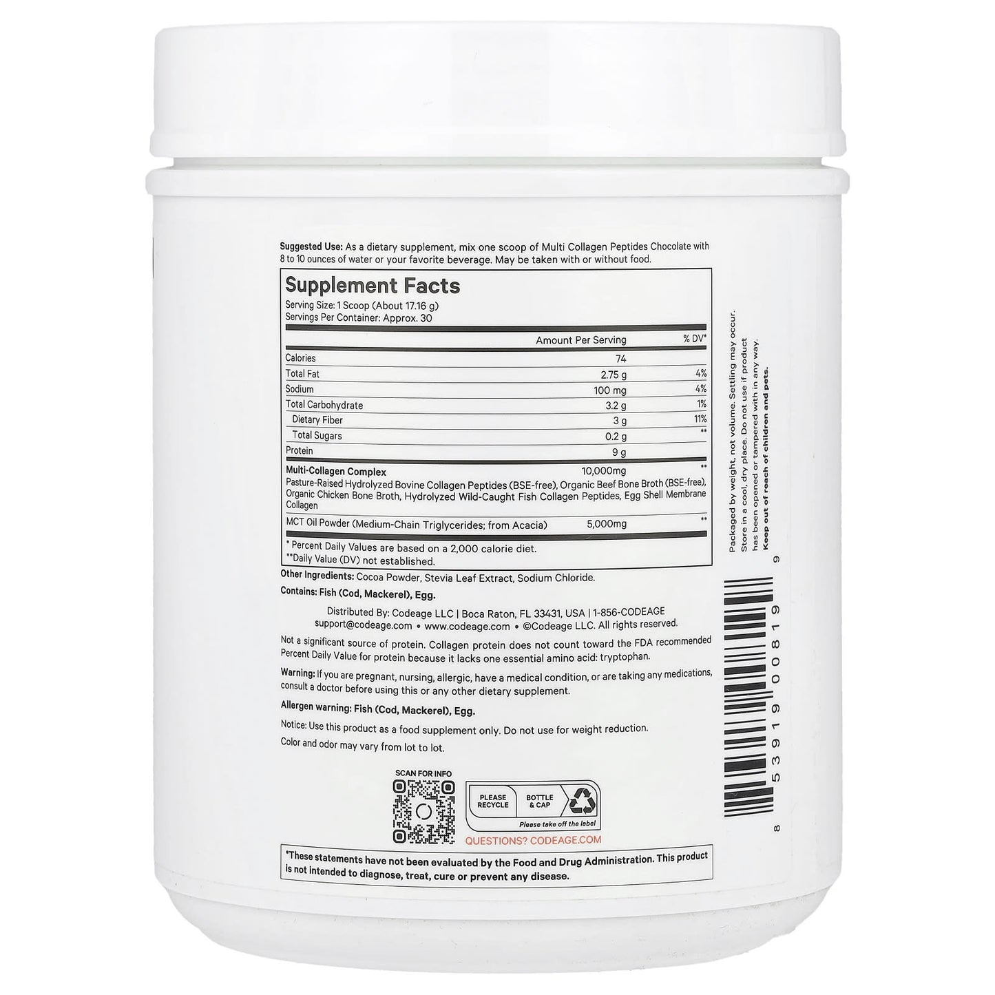 Codeage Multi Collagen Peptides Powder, Chocolate, 18.17 oz - Skin, Hair & Joint Support - Image 2