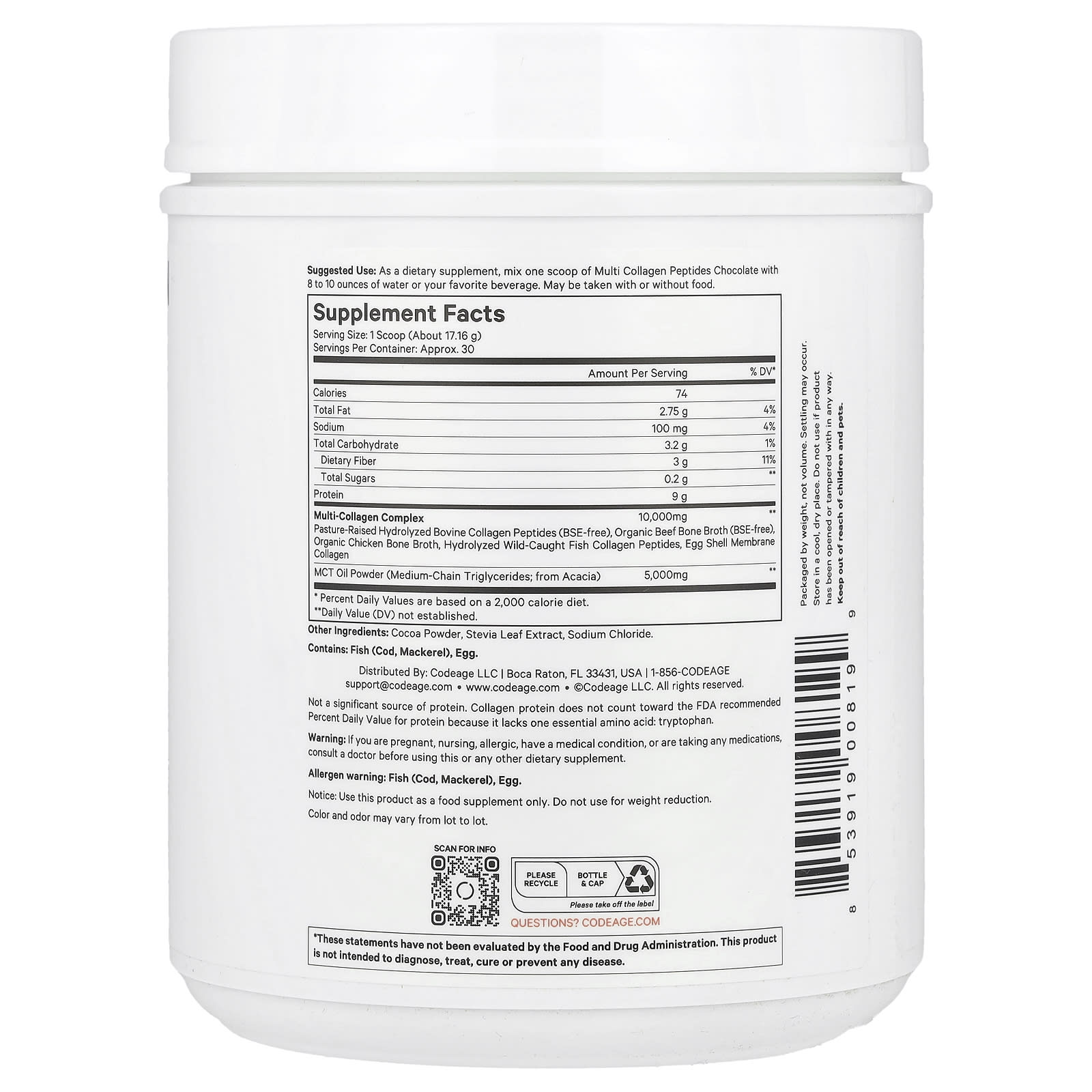 Codeage Multi Collagen Peptides Powder, Chocolate, 18.17 oz - Skin, Hair & Joint Support - Image 2