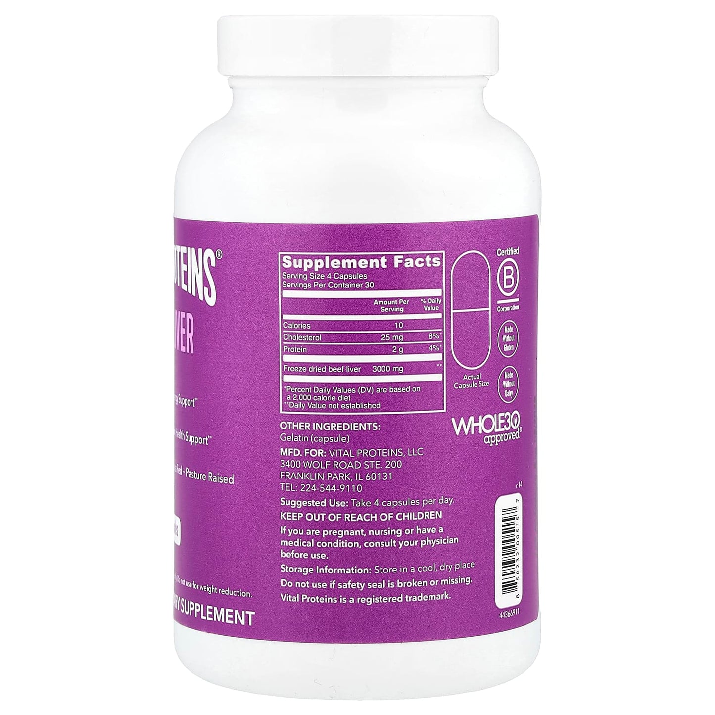 Vital Proteins, Beef Liver, 120 Capsules - Image 2