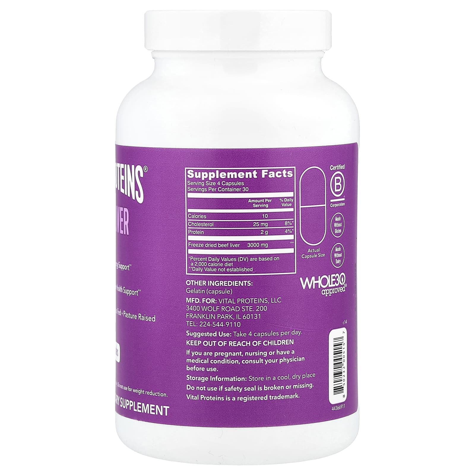Vital Proteins, Beef Liver, 120 Capsules - Image 2