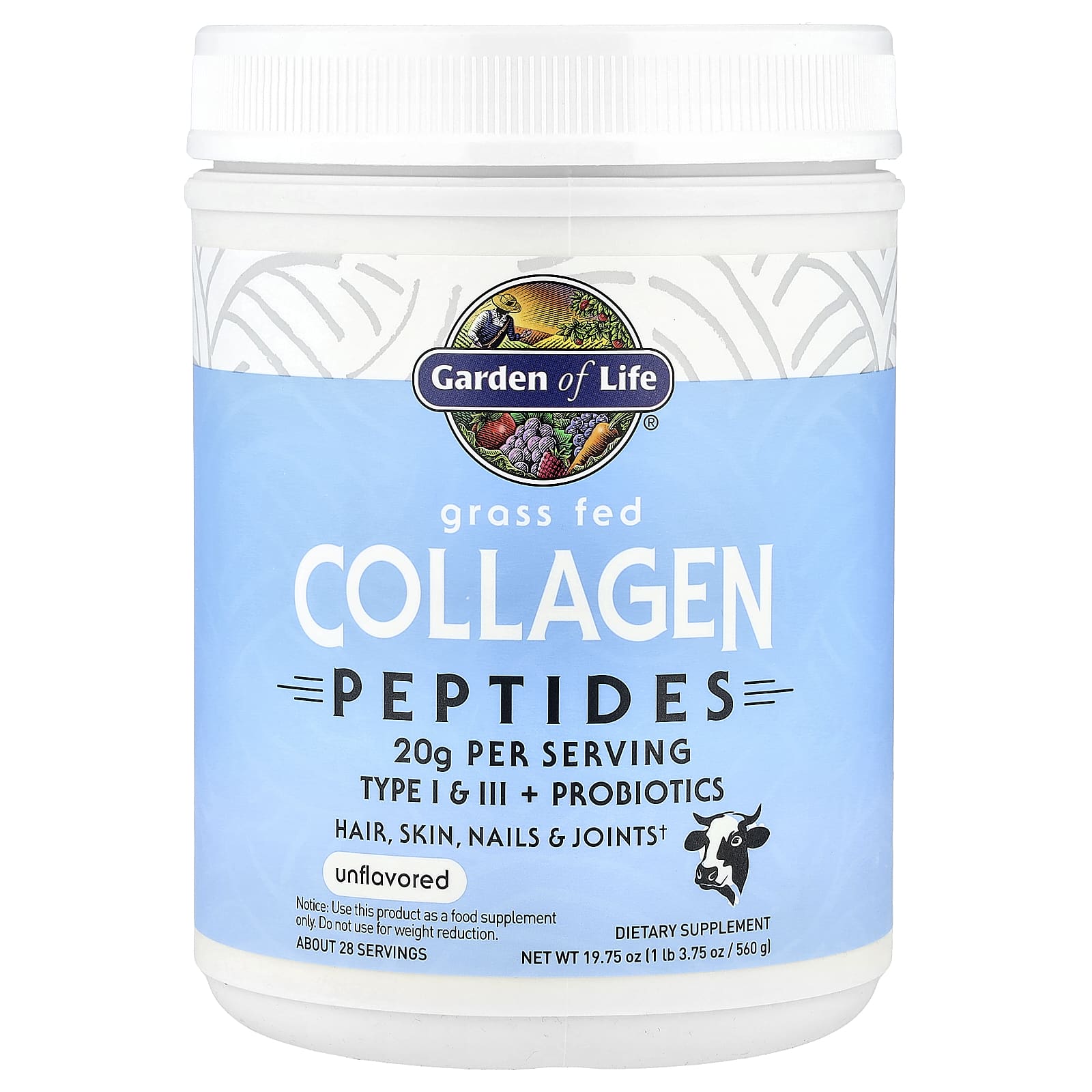 Garden of Life, Grass Fed Collagen Peptides, Unflavored, 19.75 oz (560 g)