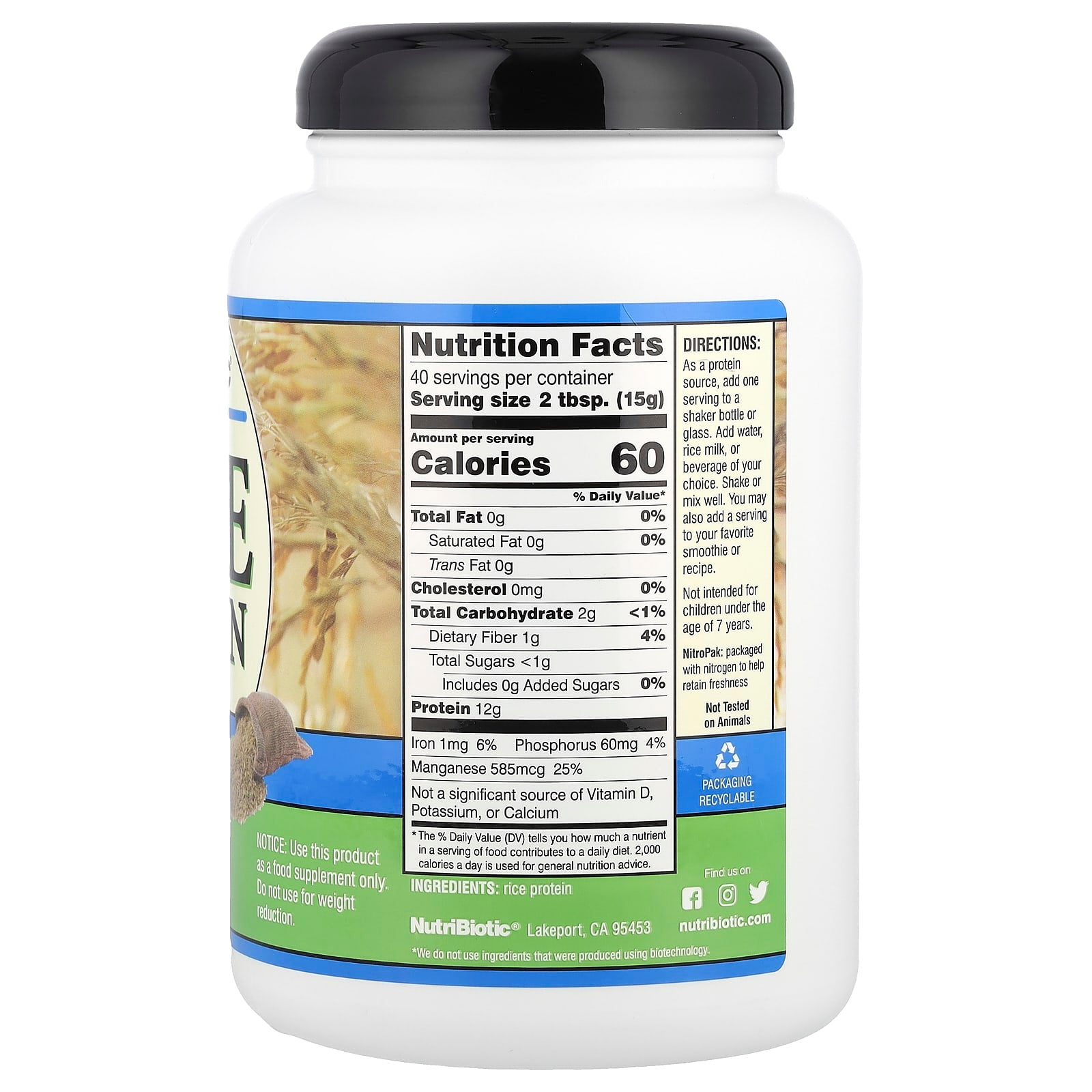 NutriBiotic, Rice Protein Powder, Plain, 1 lb 5.16 oz (600 g) - Image 2