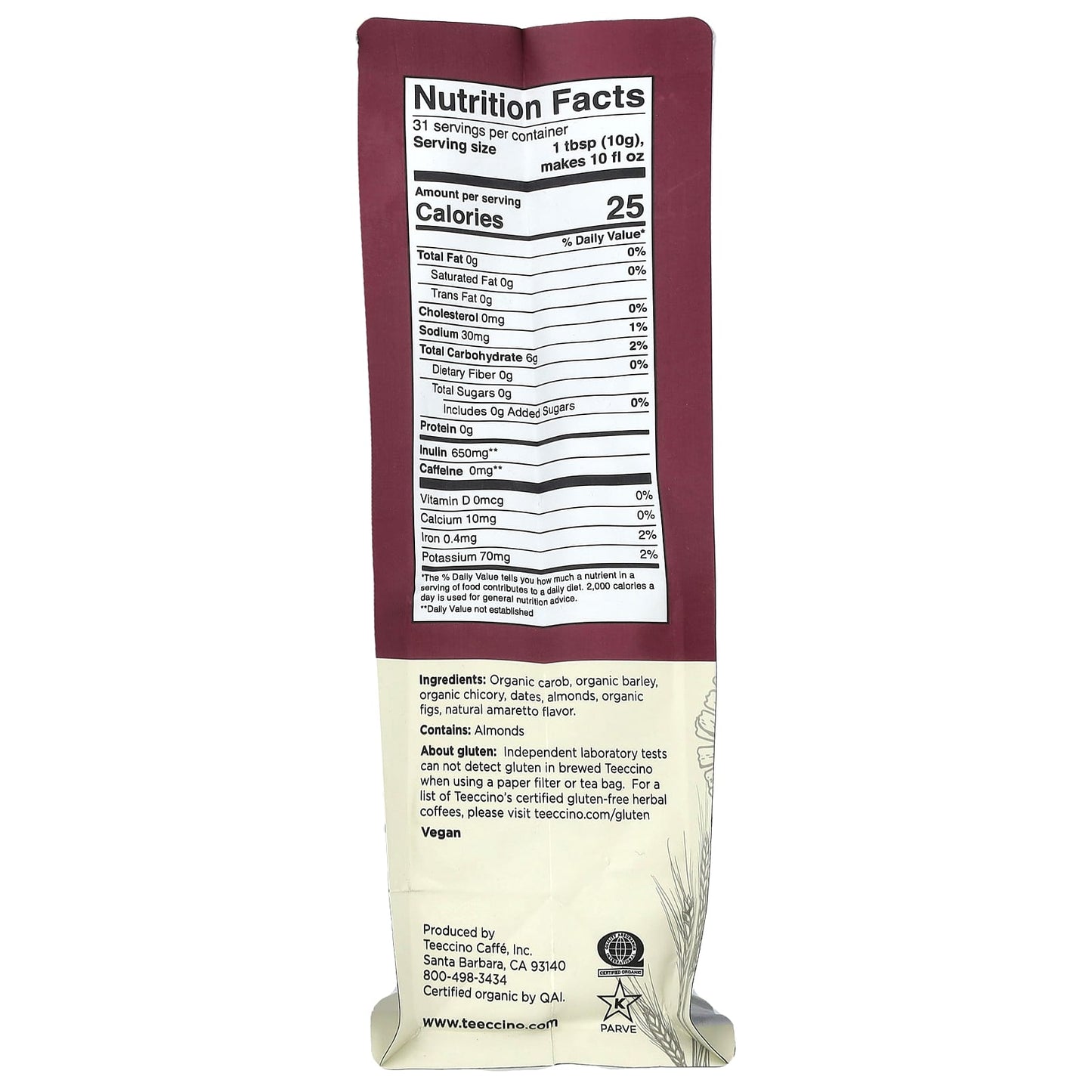 Teeccino, Chicory Herbal Coffee, Almond Amaretto, Medium Roast, Caffeine Free, 11 oz (312 g) - Image 2