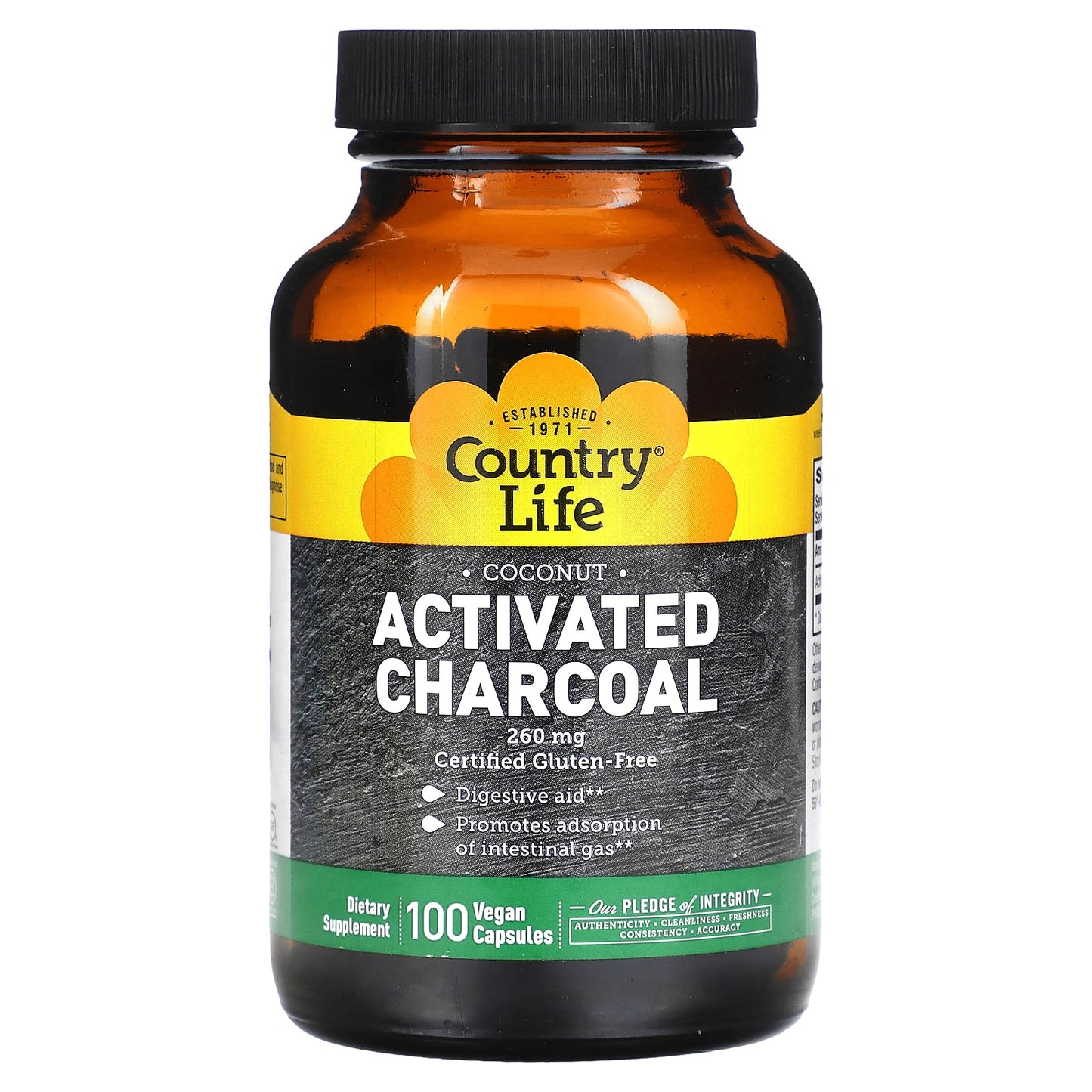 Activated Charcoal Digestive Aid Capsules by Country Life - 260mg, 100 Vegan Capsules - Image 1