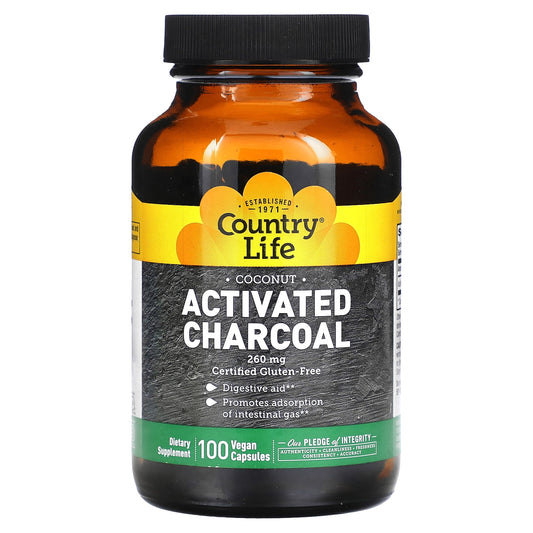 Activated Charcoal Digestive Aid Capsules by Country Life - 260mg, 100 Vegan Capsules - Image 1