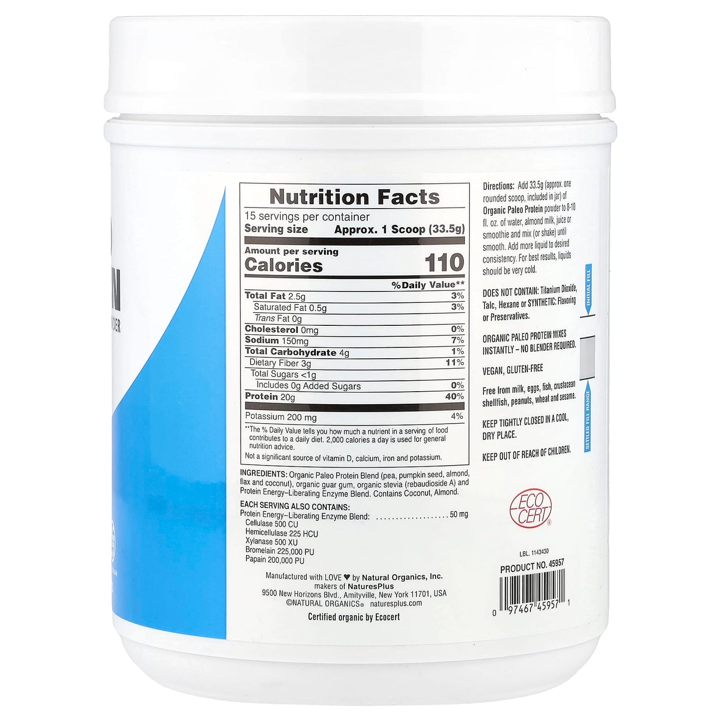 NaturesPlus, Paleo Protein Powder, Unflavored , 1.11 lbs (503 g) - Image 2