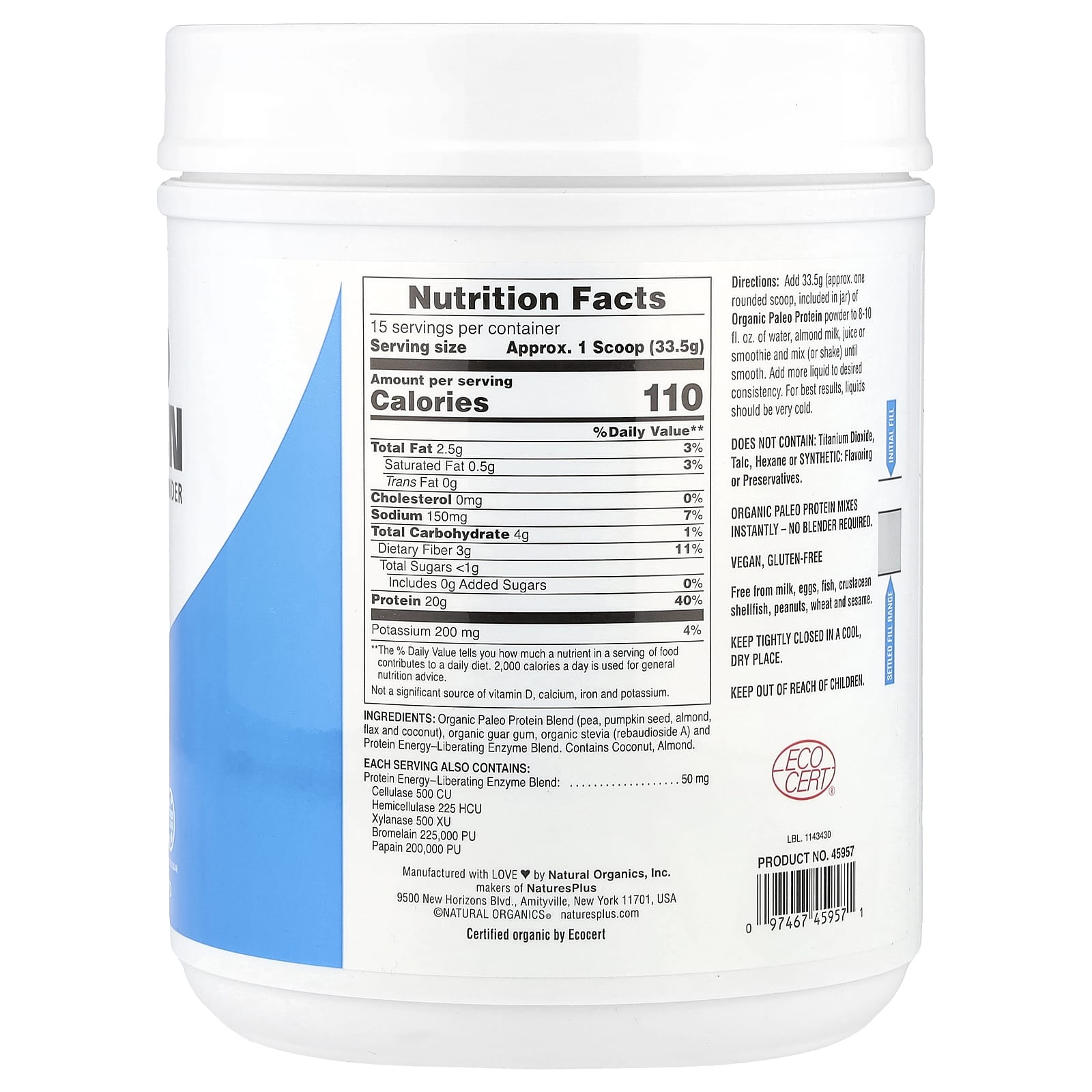 NaturesPlus, Paleo Protein Powder, Unflavored , 1.11 lbs (503 g) - Image 2