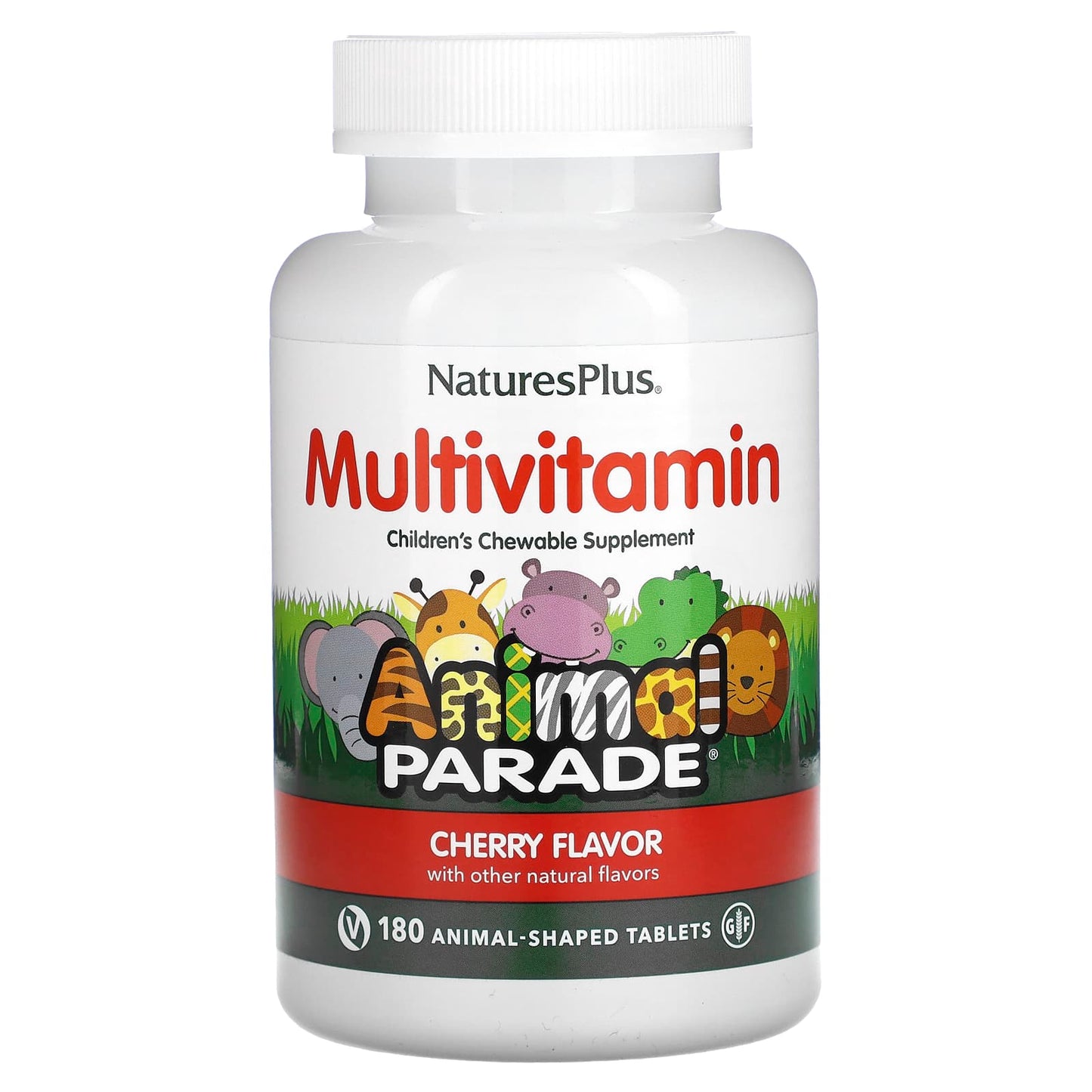NaturesPlus, Animal Parade, Children's Chewable Multivitamin Supplement, Cherry, 180 Animal-Shaped Tablets - Image 1