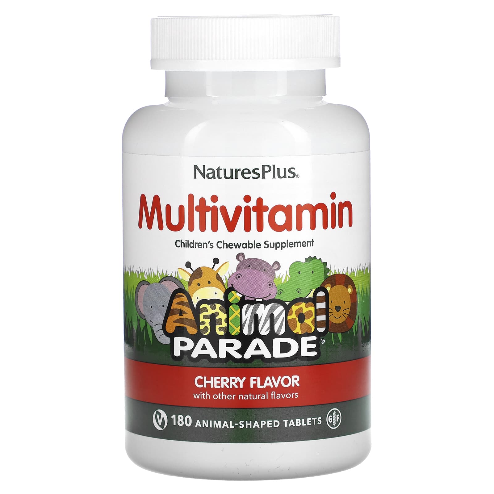 NaturesPlus, Animal Parade, Children's Chewable Multivitamin Supplement, Cherry, 180 Animal-Shaped Tablets - Image 1