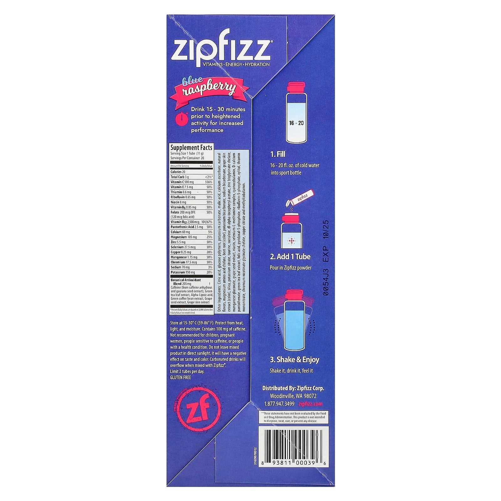 Zipfizz, Energy Drink Mix, Blueberry Raspberry, 20 Tubes, 0.39 oz (11 g) Each - Image 2