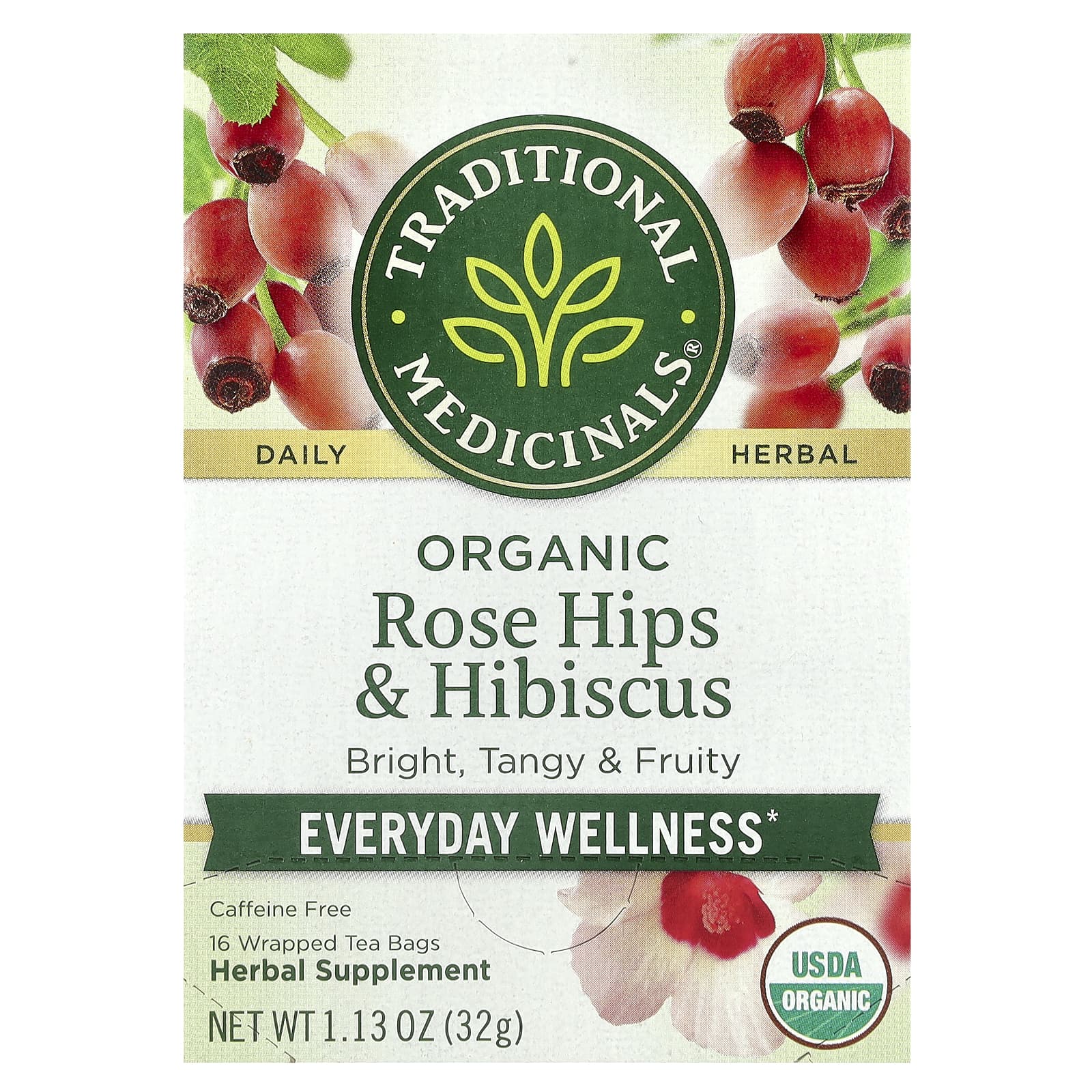 Traditional Medicinals, Organic Rose Hips & Hibiscus, Caffeine Free, 16 Wrapped Tea Bags, 1.13 oz (32 g) - Image 1
