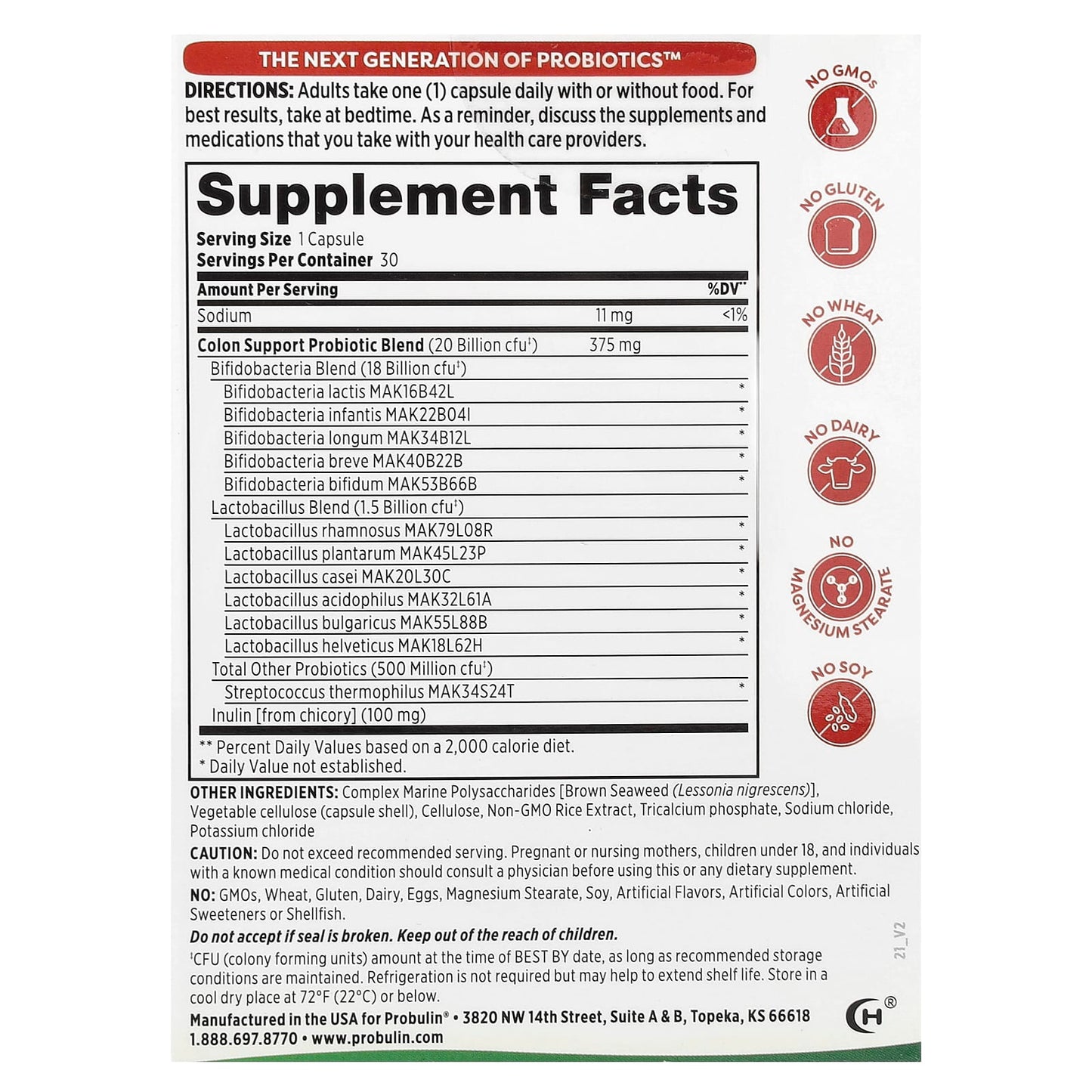 Probulin, Colon Support Probiotic, 20 Billion CFU, 30 Capsules - Image 2