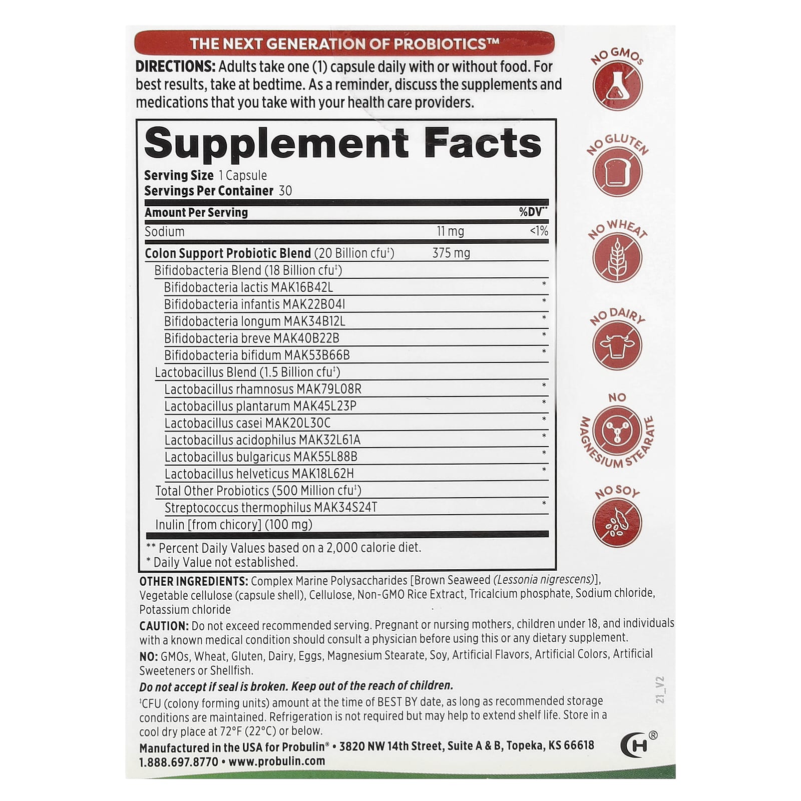 Probulin, Colon Support Probiotic, 20 Billion CFU, 30 Capsules - Image 2