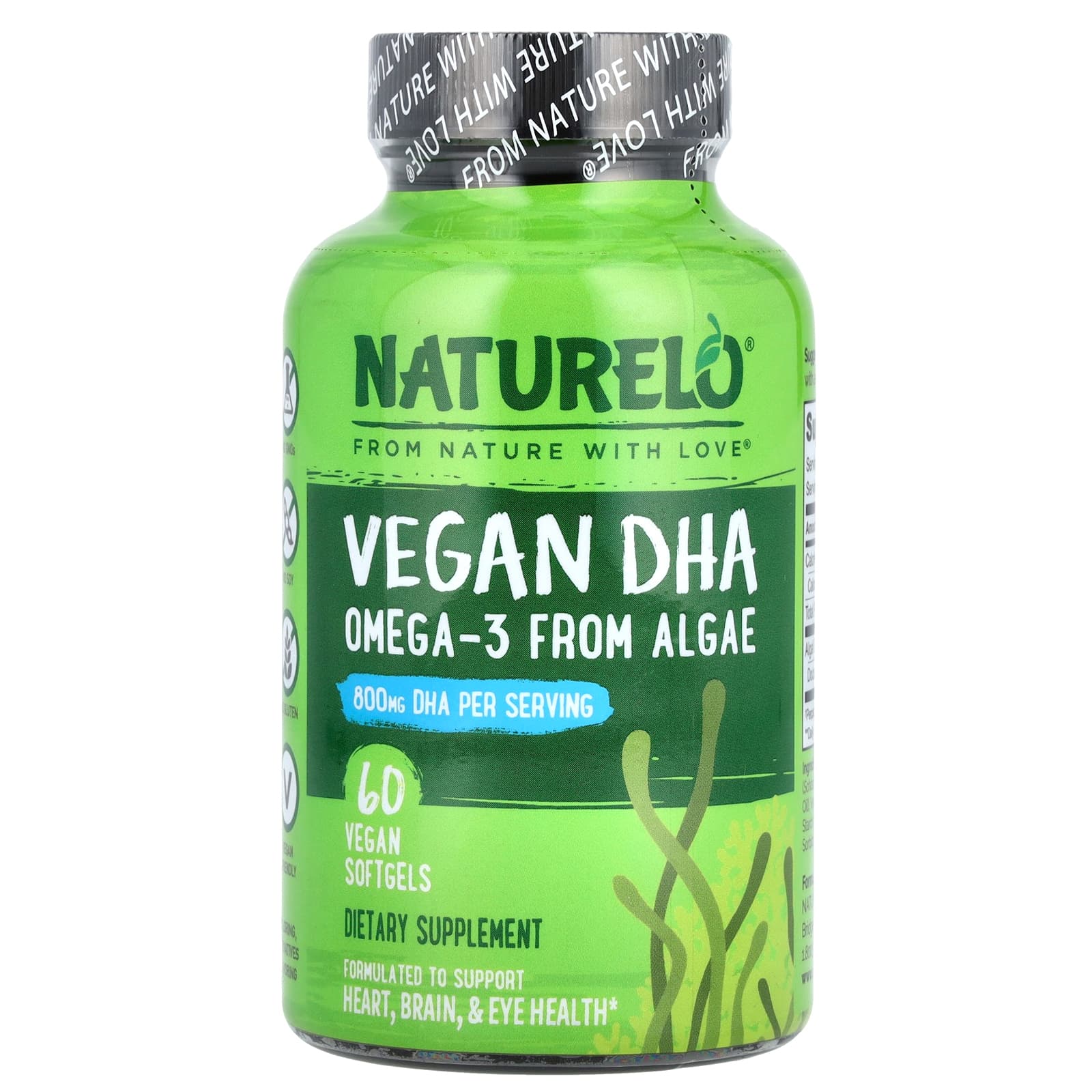NATURELO, Vegan DHA, Omega-3 from Algae, 60 Vegan Softgels (400 mg per Softgel) - Image 1