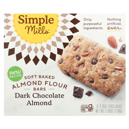 Simple Mills, Soft Baked Almond Flour Bars, Dark Chocolate Almond, 5 Bars, 1.19 oz (34 g) Each - Image 1