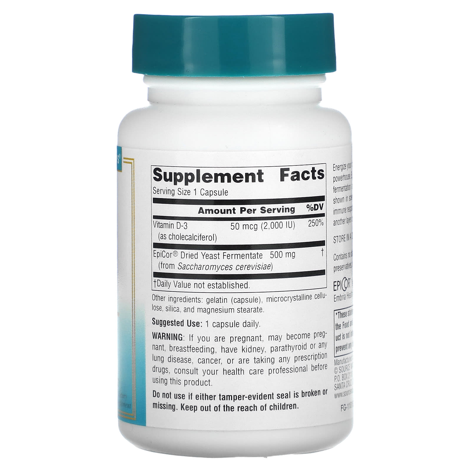 Source Naturals, Wellness, EpiCor With Vitamin D-3, 500 mg, 30 Capsules - Image 2