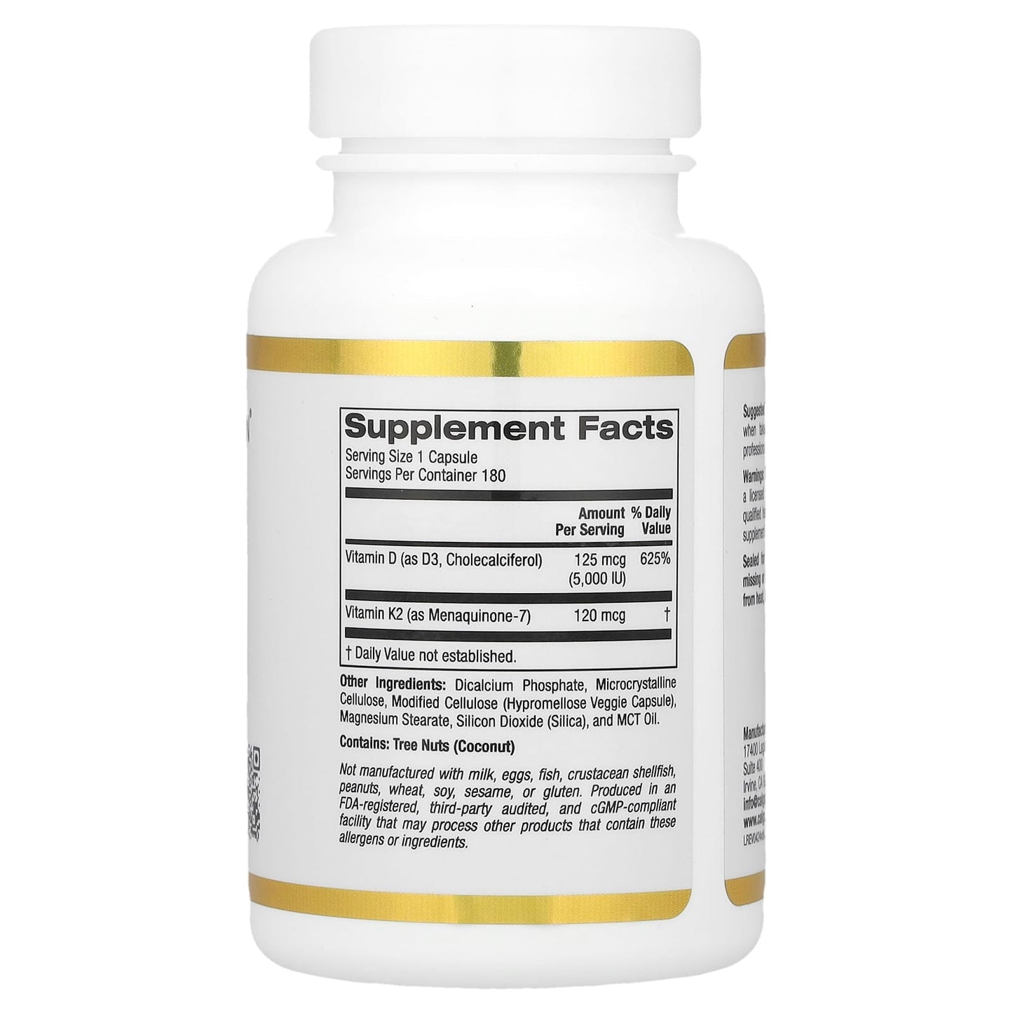 California Gold Nutrition, Vitamin D3 + K2 as MK-7, 180 Veggie Capsules
