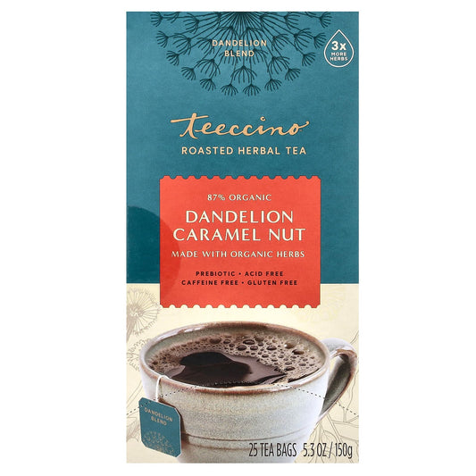 Teeccino, Roasted Herbal Tea, Dandelion Caramel Nut, Caffeine Free, 25 Tea Bags, 5.3 oz (150 g) - Image 1