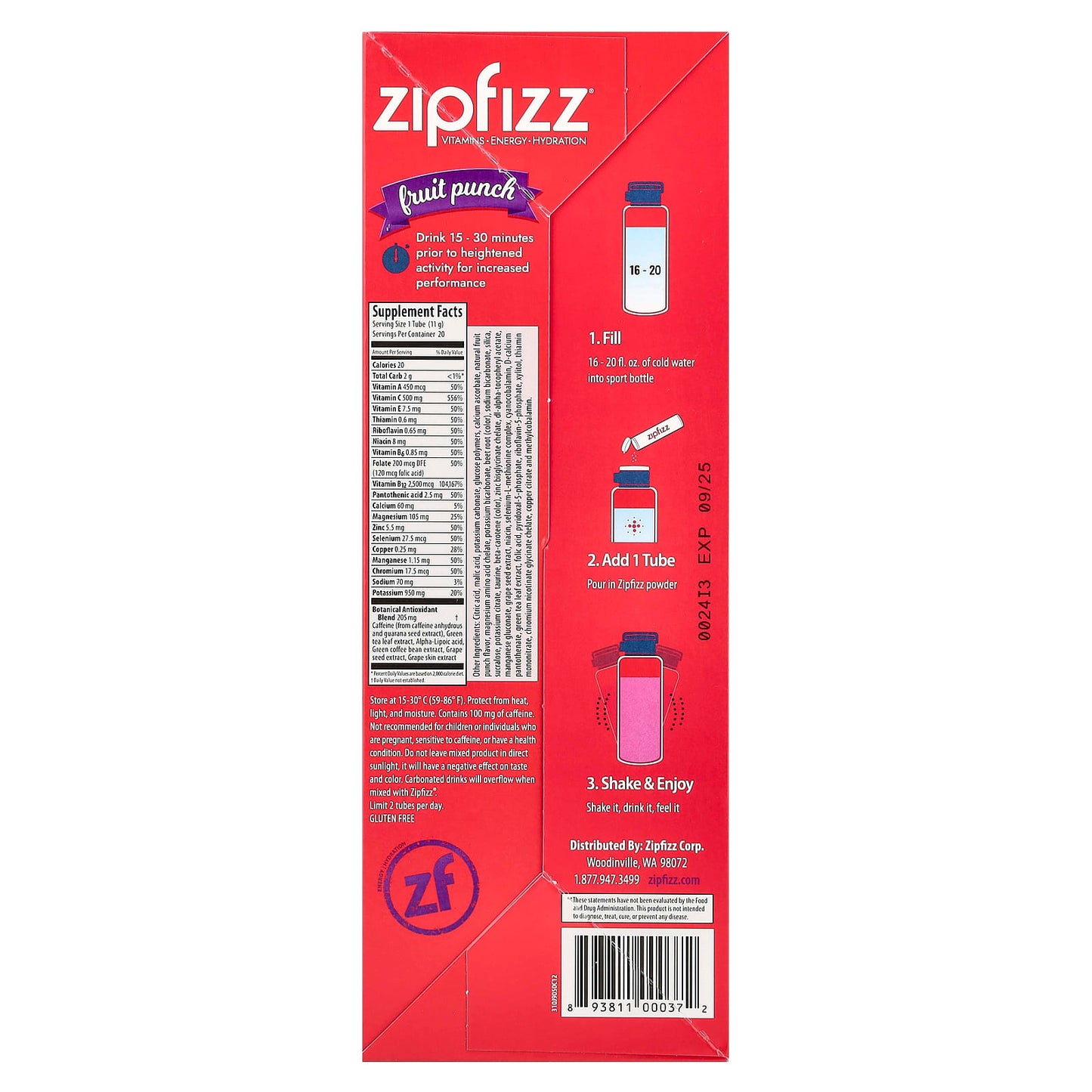Zipfizz, Energy Drink Mix, Fruit Punch, 20 Tubes, 0.39 oz (11 g) Each - Image 2