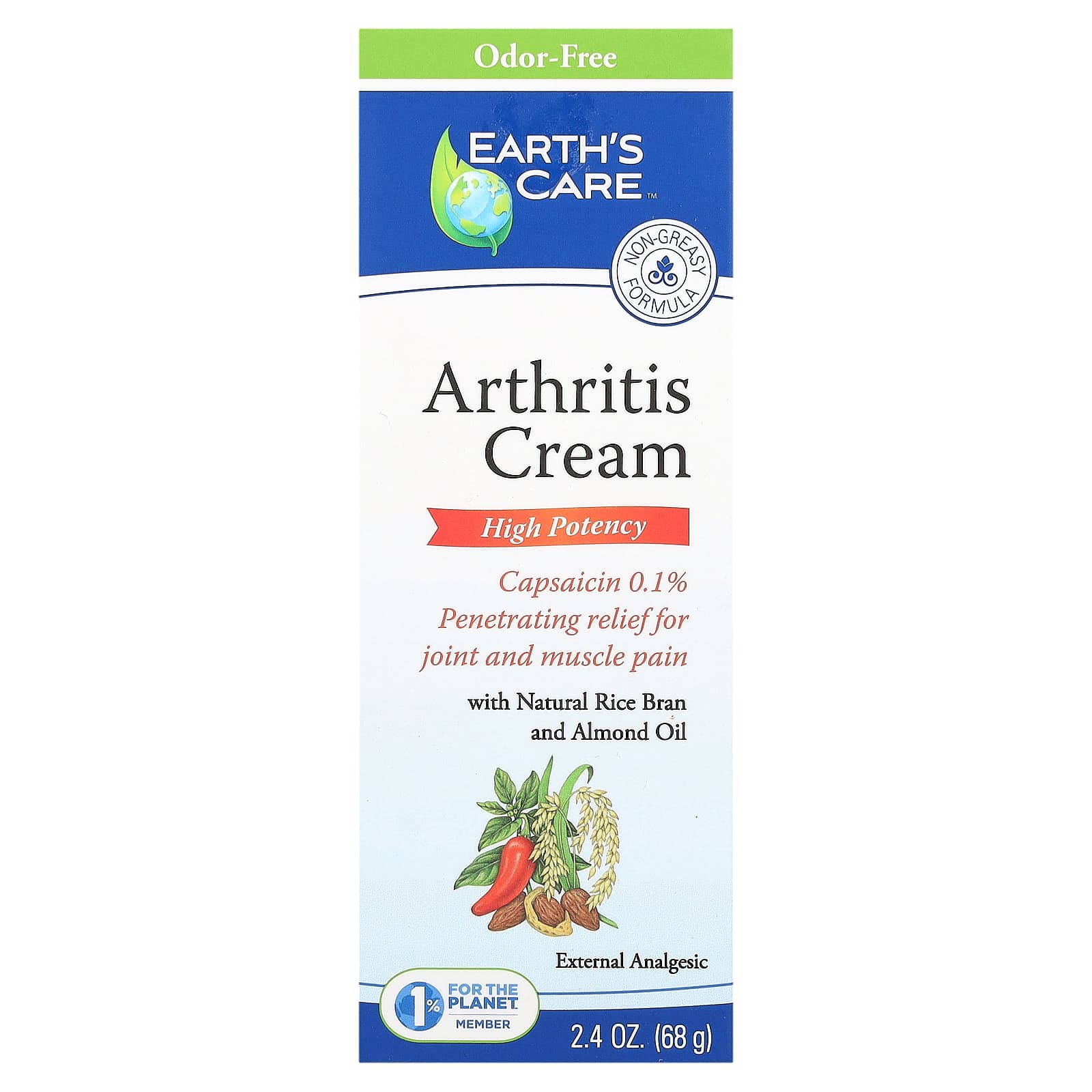 Natural Arthritis Relief Cream by Earth's Care, High Potency 2.4 oz - Image 1