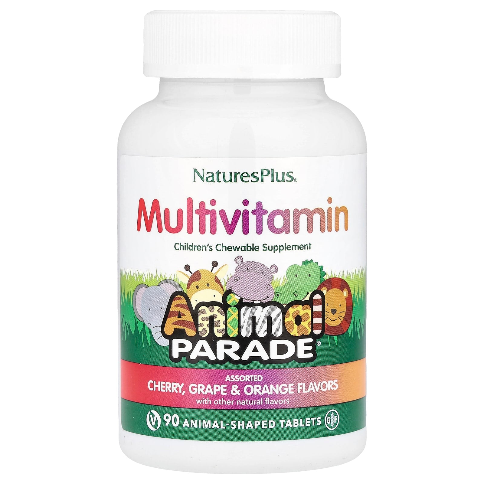 NaturesPlus, Animal Parade®, Children's Chewable Multivitamin, Cherry, Grape & Orange, 90 Animal-Shaped Tablets - Image 1