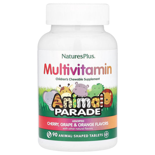 NaturesPlus, Animal Parade®, Children's Chewable Multivitamin, Cherry, Grape & Orange, 90 Animal-Shaped Tablets - Image 1
