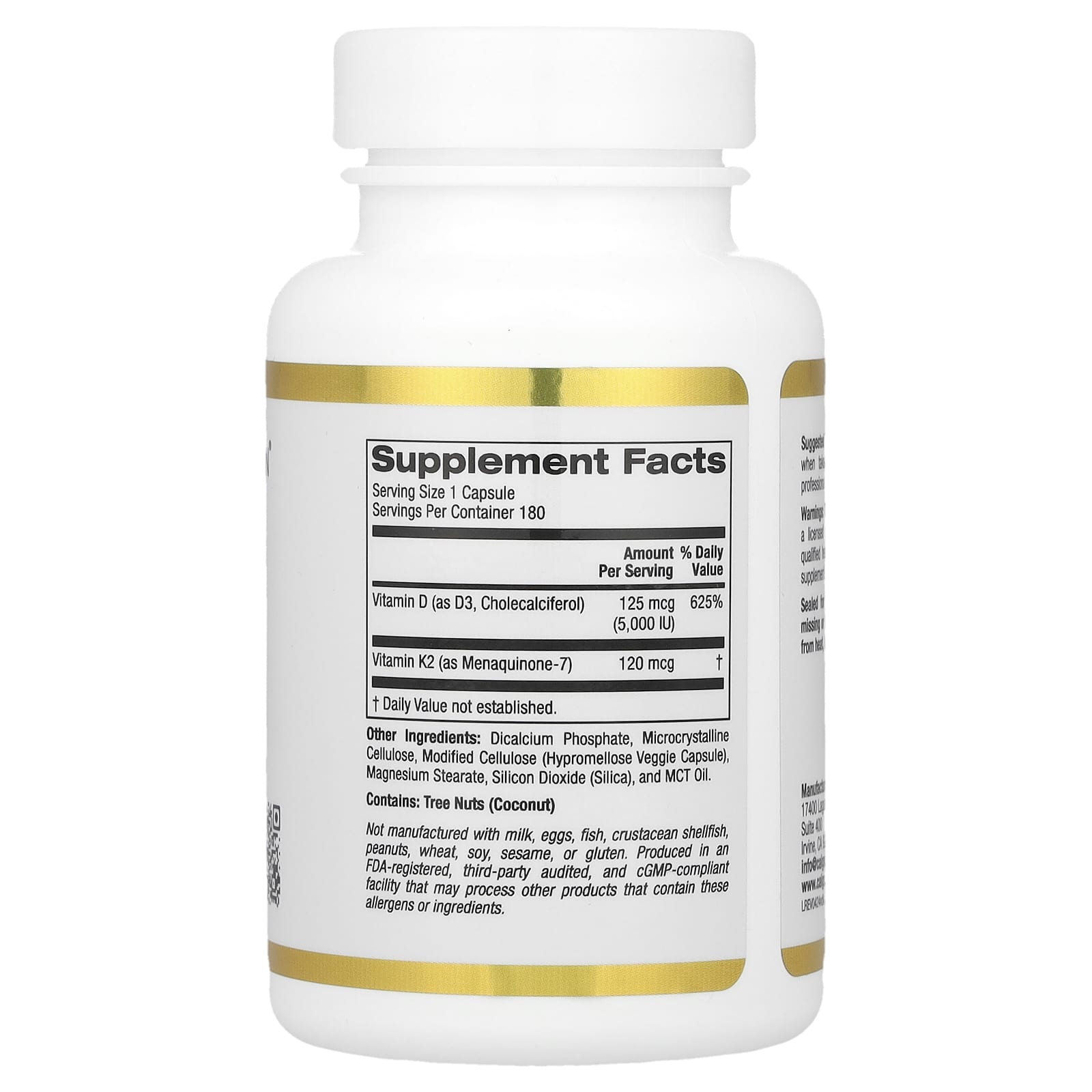 Vitamin D3 + K2 MK-7 Supplement by California Gold Nutrition, 180 Veggie Capsules - Image 2