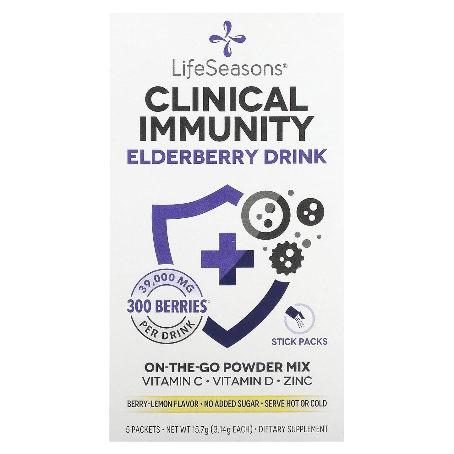 LifeSeasons, Clinical Immunity Elderberry Drink Mix, Berry-Lemon, 39,000 mg, 5 Packets, 3.14 g Each - Image 1