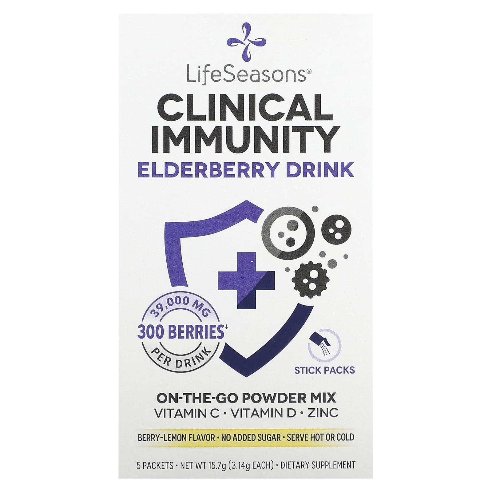 LifeSeasons, Clinical Immunity Elderberry Drink Mix, Berry-Lemon, 39,000 mg, 5 Packets, 3.14 g Each - Image 1