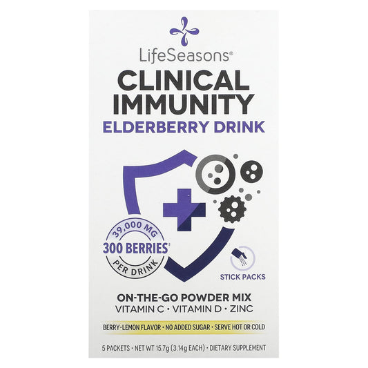 LifeSeasons, Clinical Immunity Elderberry Drink Mix, Berry-Lemon, 39,000 mg, 5 Packets, 3.14 g Each - Image 1