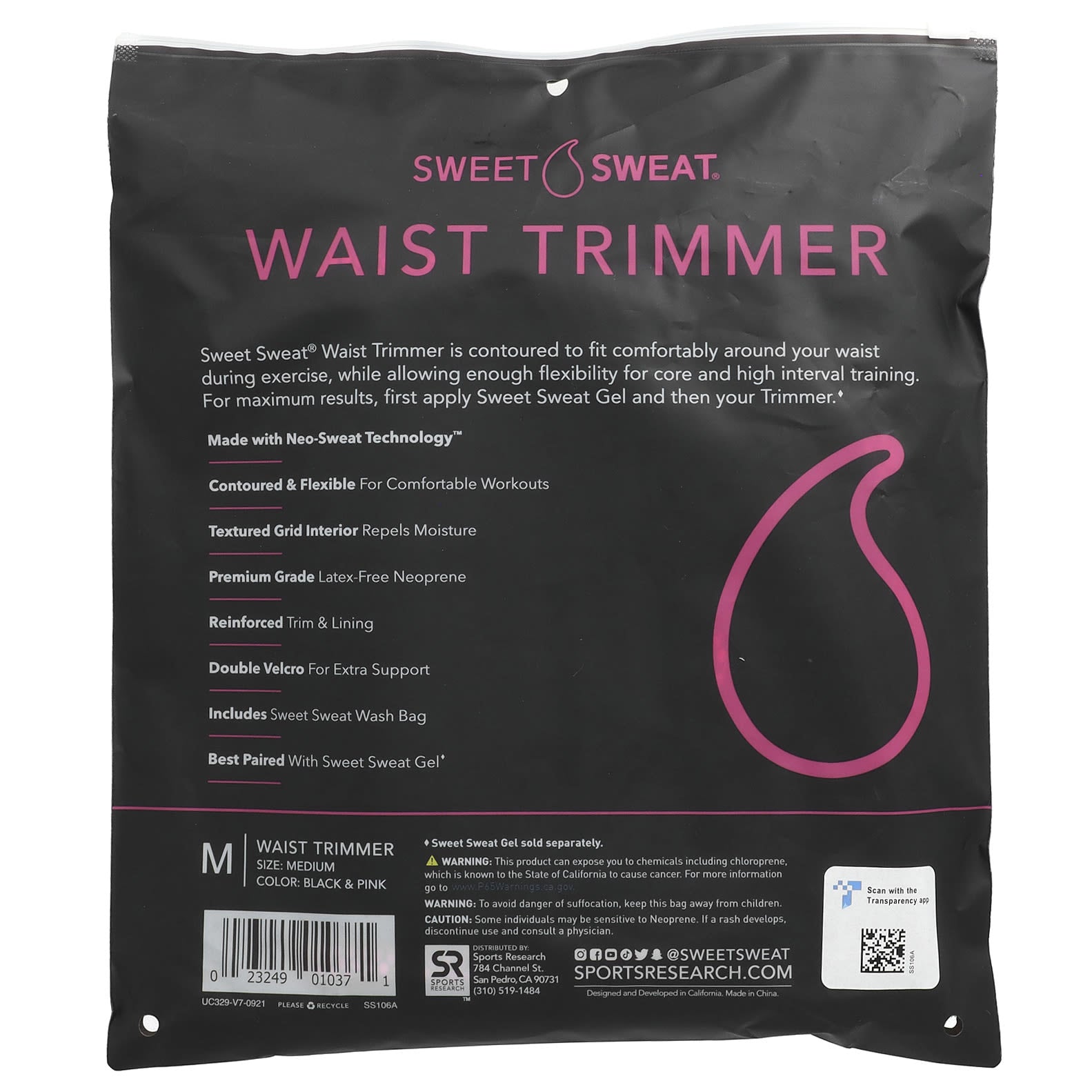 Sports Research, Sweet Sweat®, Waist Trimmer, Medium, Black & Pink, 1 Belt - Image 2