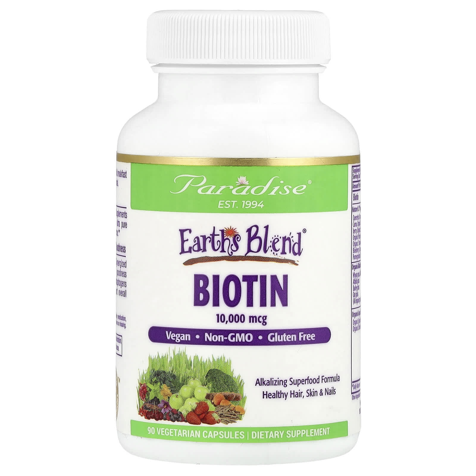 Paradise Herbs, Earth's Blend®, Biotin, 10,000 mcg, 90 Vegetarian Capsules - Image 1