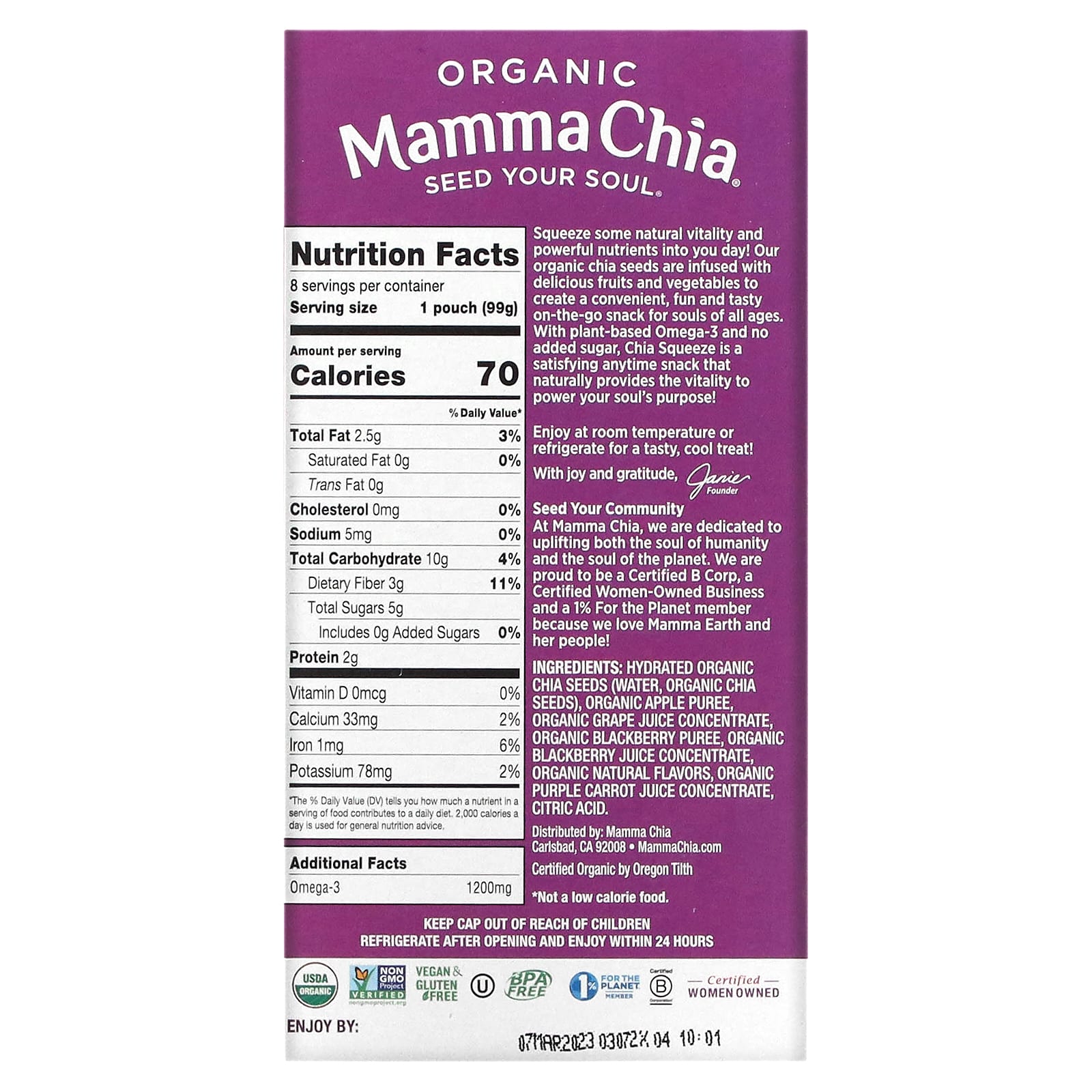Mamma Chia, Organic Chia Squeeze, Vitality Snack, Blackberry Bliss, 8 Squeezes, 3.5 oz (99 g) Each - Image 2