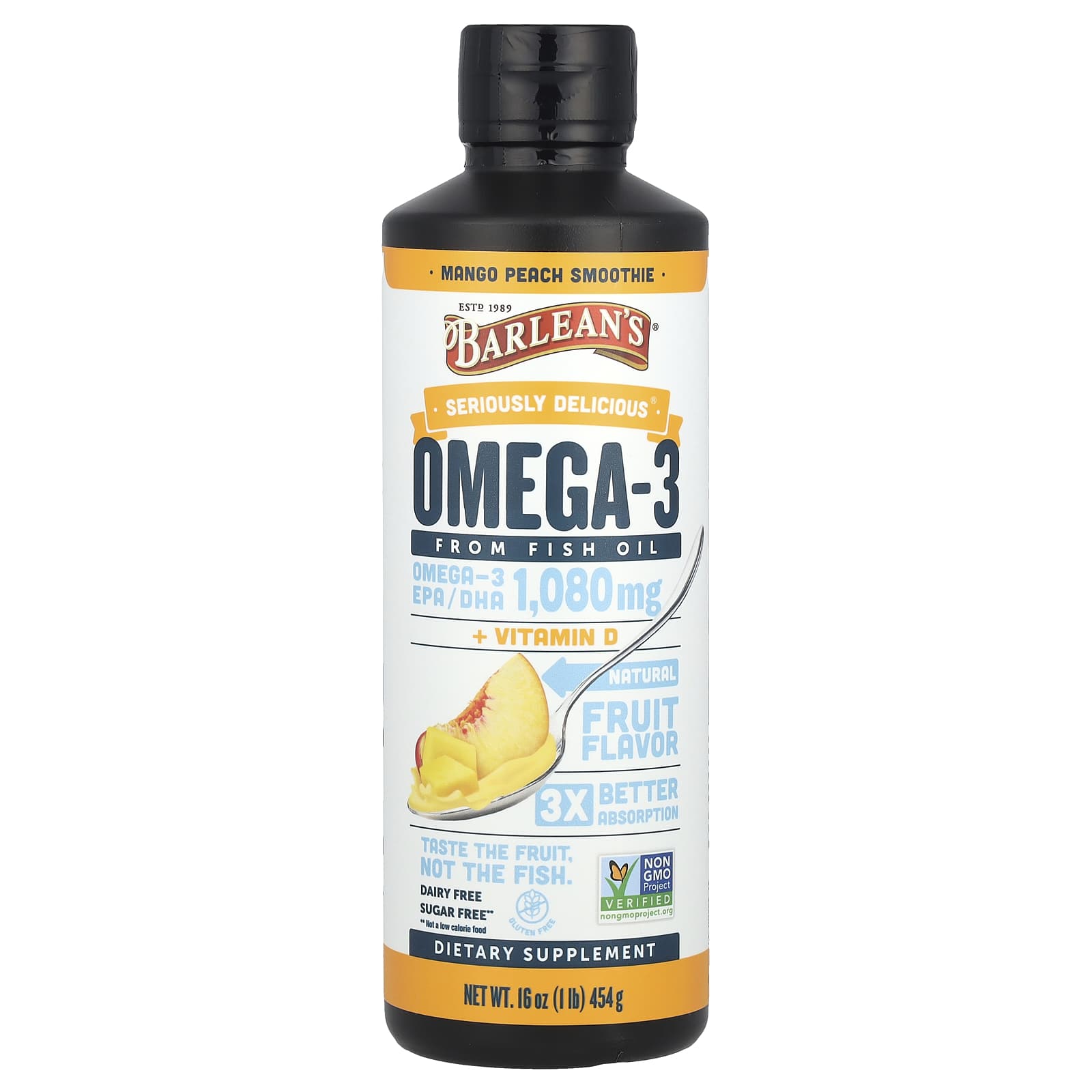 Barlean's Omega-3 Fish Oil + Vitamin D Mango Peach Smoothie 16 oz - Image 1