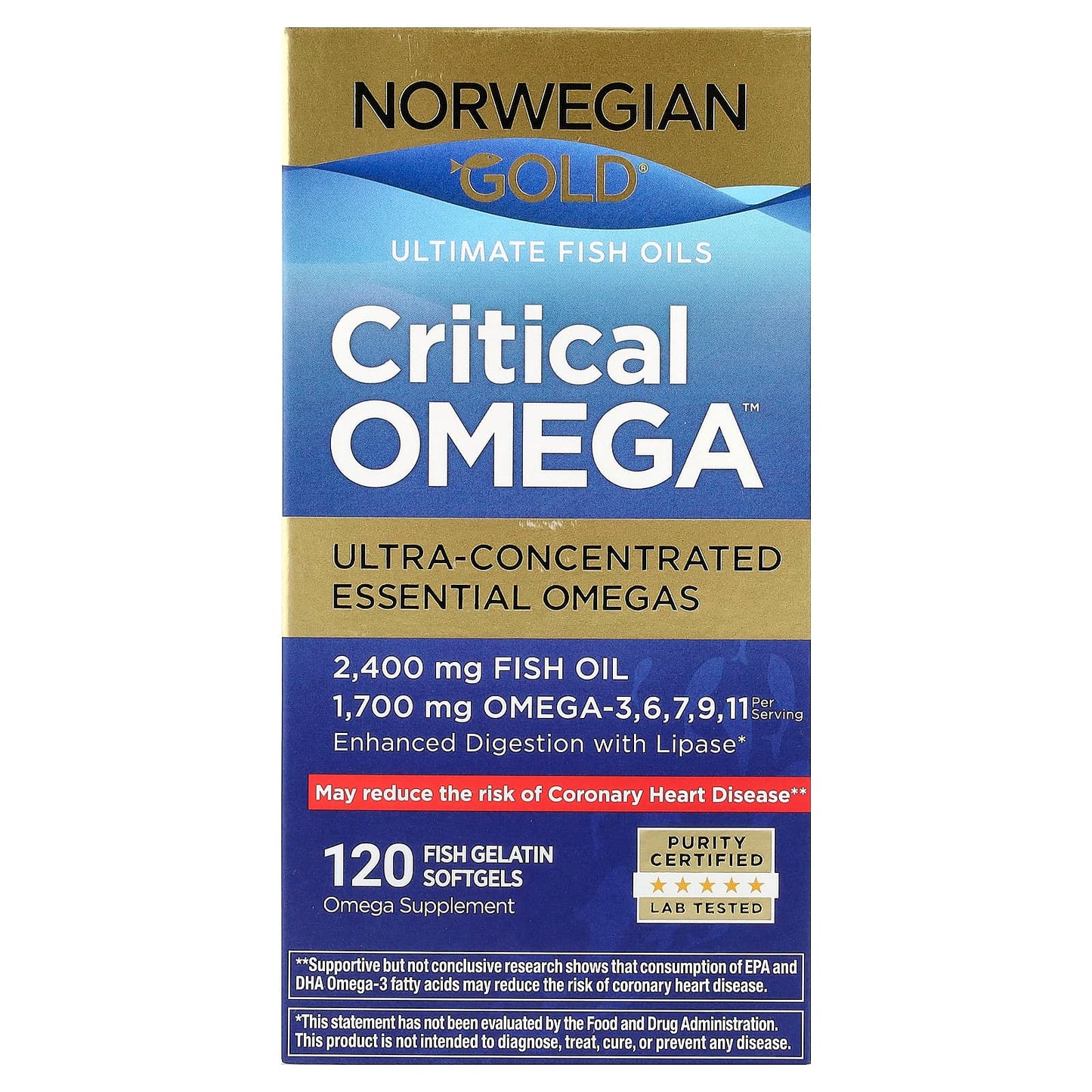 Renew Life, Norwegian Gold®, Critical Omega™ Fish Oil, 120 Fish Gelatin Softgels (850 mg per Softgel) - Image 1