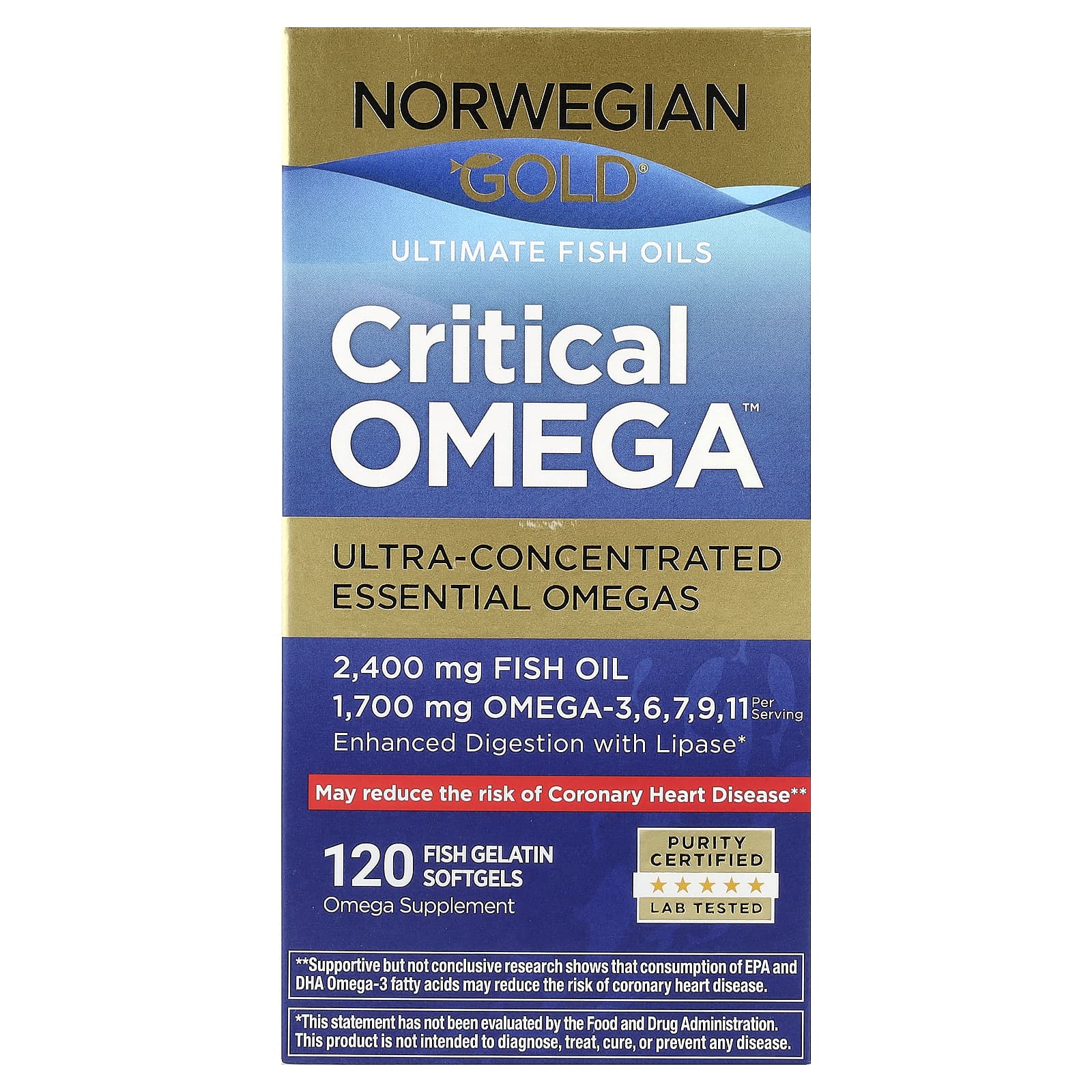 Renew Life, Norwegian Gold®, Critical Omega™ Fish Oil, 120 Fish Gelatin Softgels (850 mg per Softgel) - Image 1