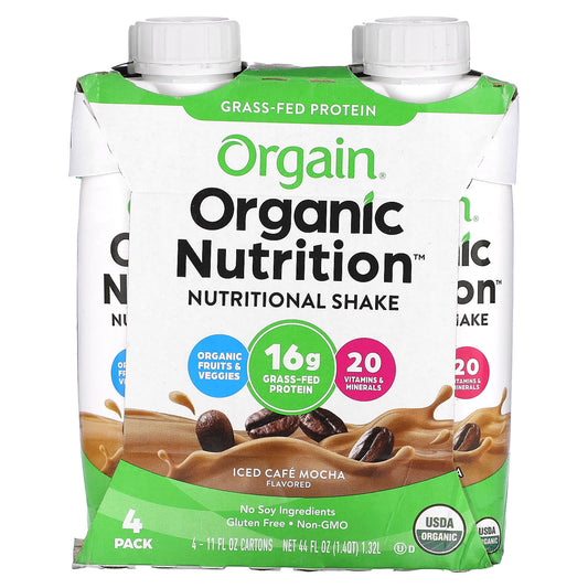 Orgain, Organic Nutrition, Nutritional Shake, Iced Cafe Mocha, 4 Pack, 11 fl oz (330 ml) Each - Image 1